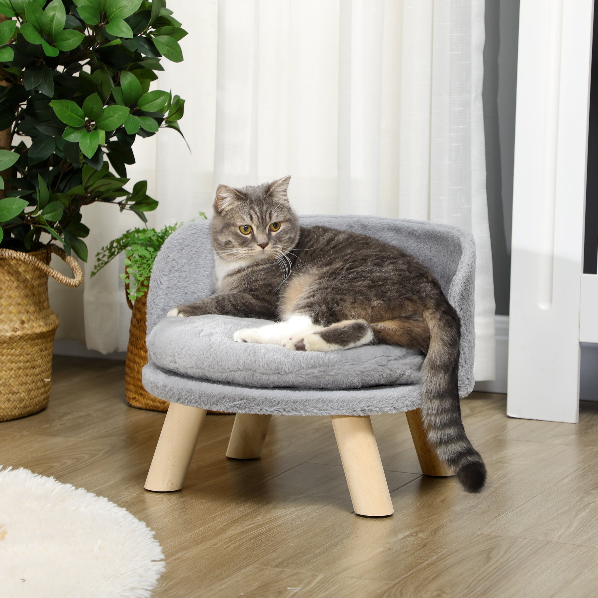 Round Dog Sofa in Plush Fabric and Wood with Extra Cushion, Ø40.5x33 cm, Grey and Wood Color