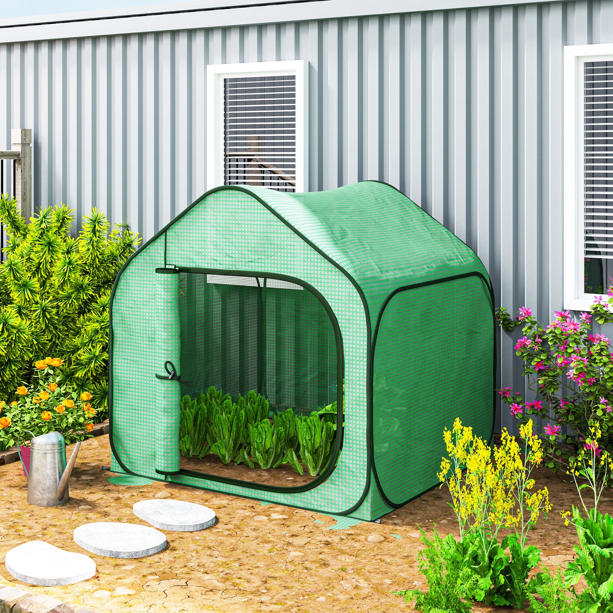 Folding House Greenhouse with Hinged Door, Steel and PE, 150x148x148 cm, Green