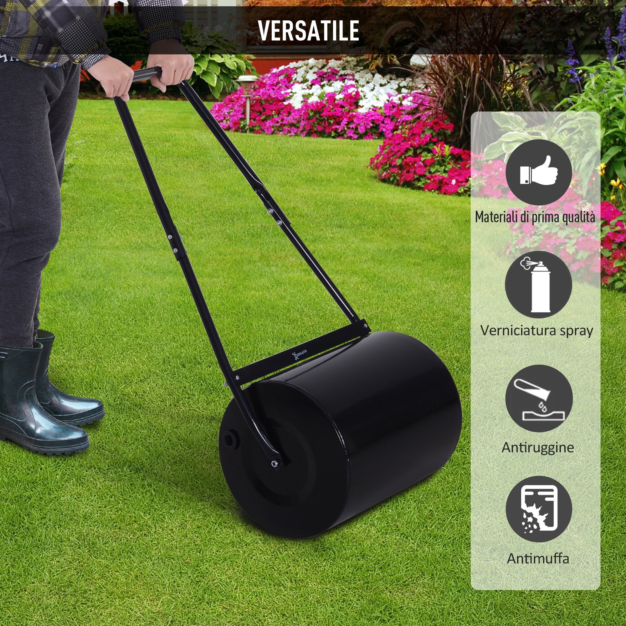 Waterproof Metal Garden Roller in Black, Up to 60 Litre Reservoir (Water or Sand), 57x40x123cm