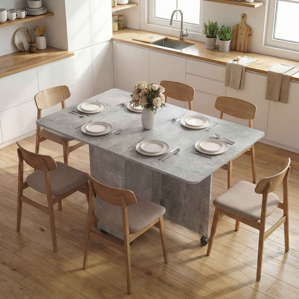 HOMCOM Folding Dining Table on Wheels with 2 Drawers, 2 Doors and Cabinet, Wooden, 140x76x74 cm, Cement Grey