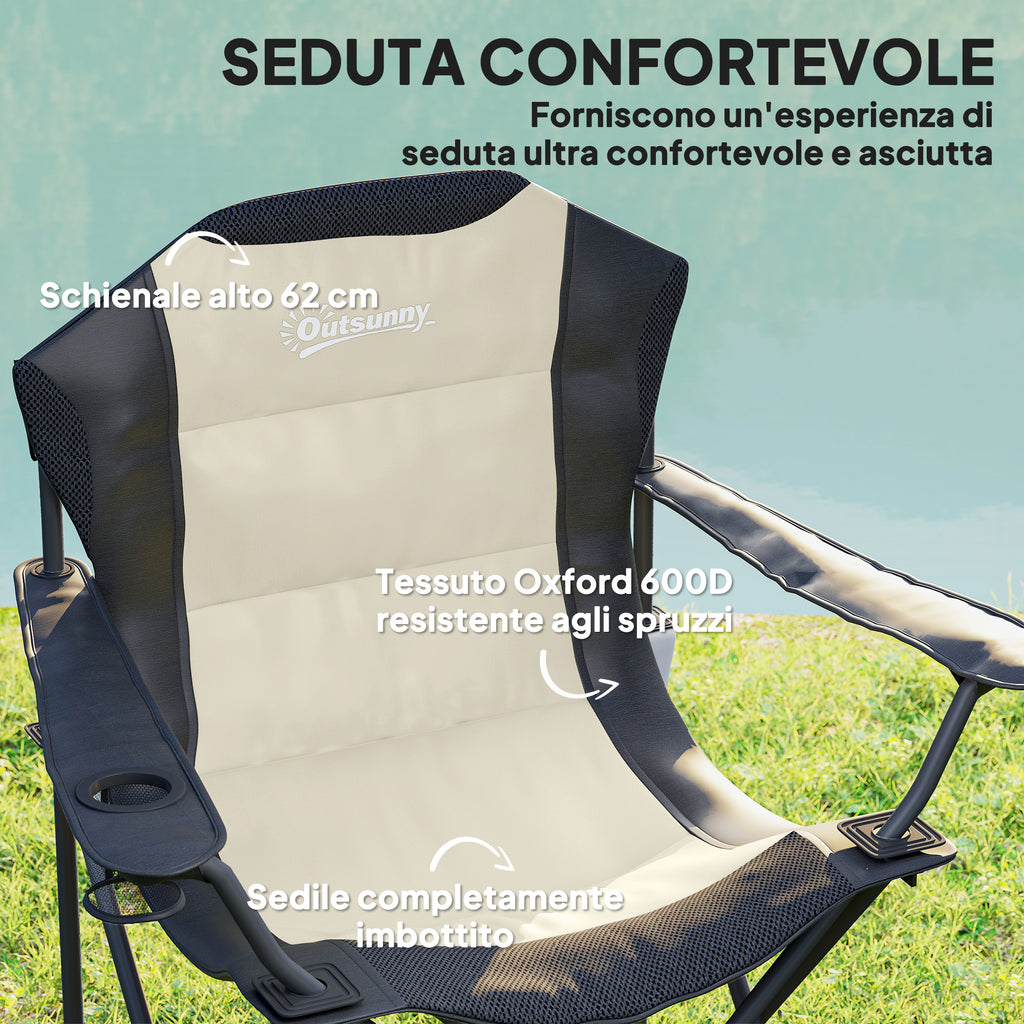 Set of 2 Folding Camping Chairs with High Backrest, Cup Holder and Carry Bags, Cream