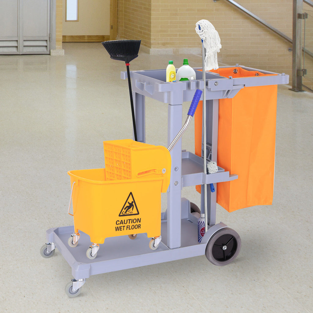 Professional Cleaning Trolley with 3 Shelves, Broom Hooks, 4 Wheels and 100L Bag, Orange 121 x 50.5 x 96.5cm