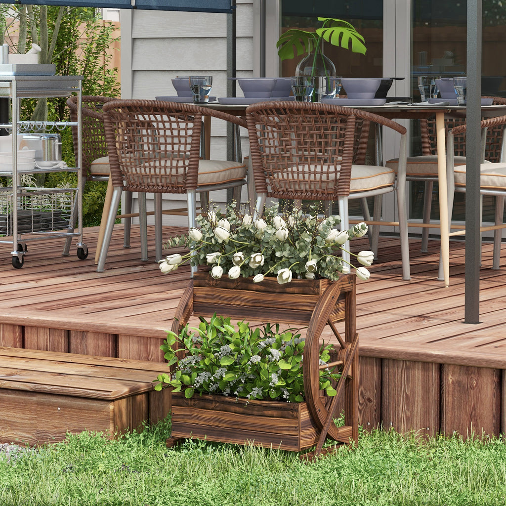 Outsunny Wooden Wood Fioriera at 2 levels with 3 vases and Country style wagon wheels, 55x32x56cm - Borgè