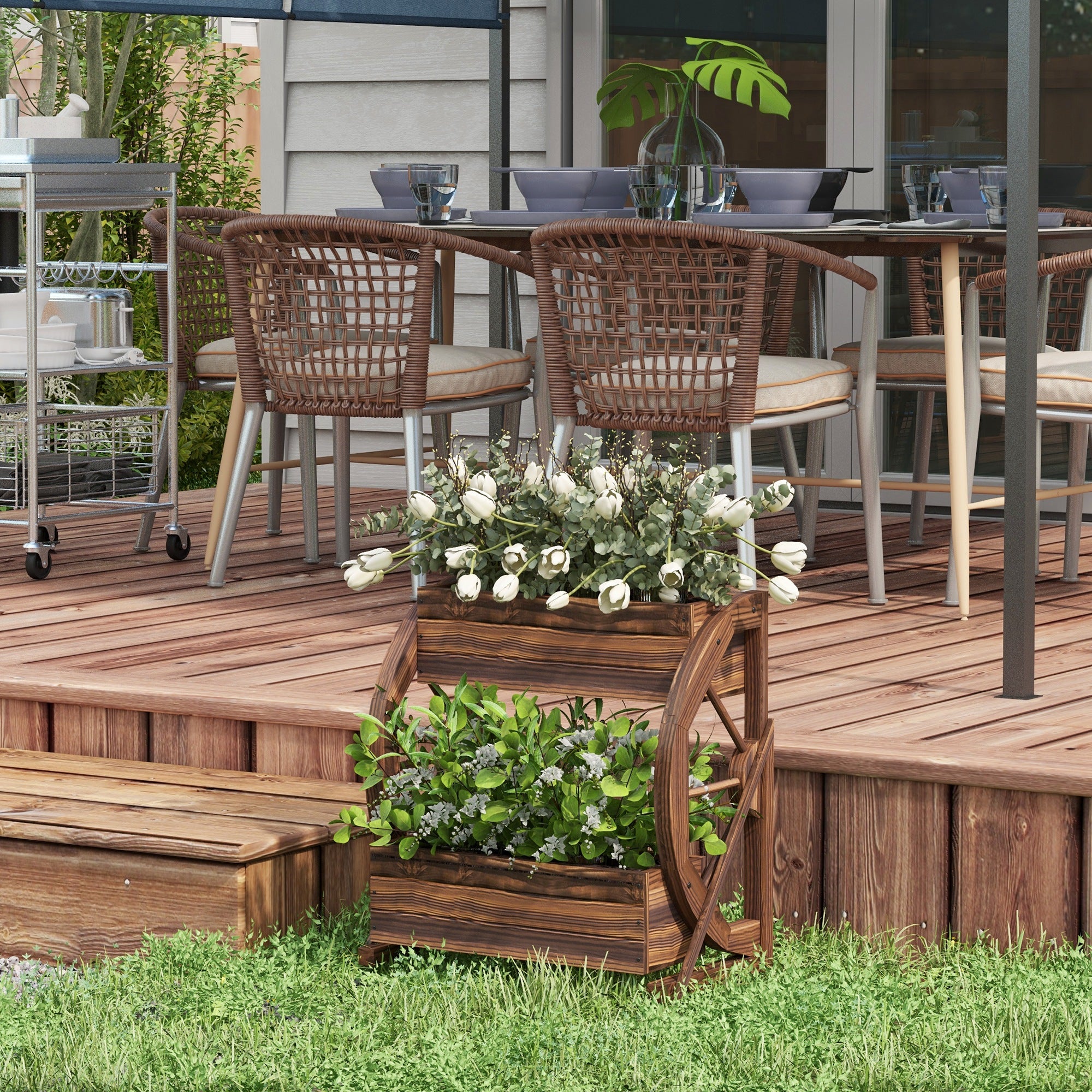 Outsunny Wooden Wood Fioriera at 2 levels with 3 vases and Country style wagon wheels, 55x32x56cm - Borgè
