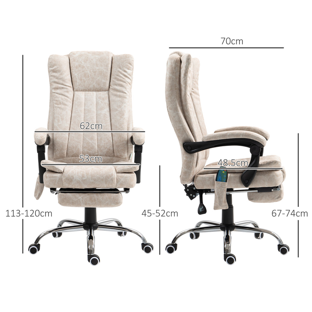Massage and Heated Office Chair with Footrest, Microfiber, 62x70x113-120 cm, Cream