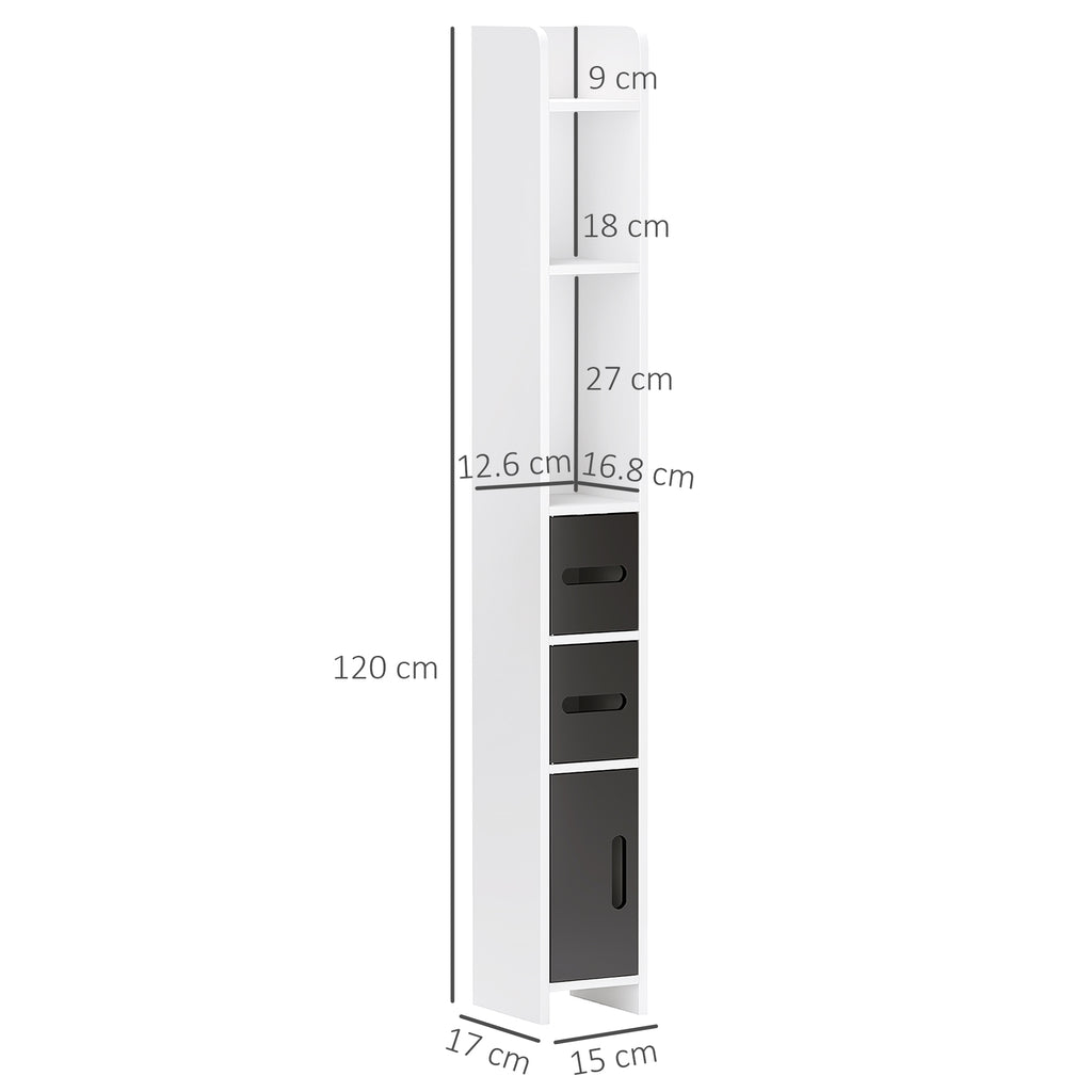 kleankin Bathroom Column with 3 Shelves and 3 Cabinets, Wooden, 15x17x120 cm, Black and White