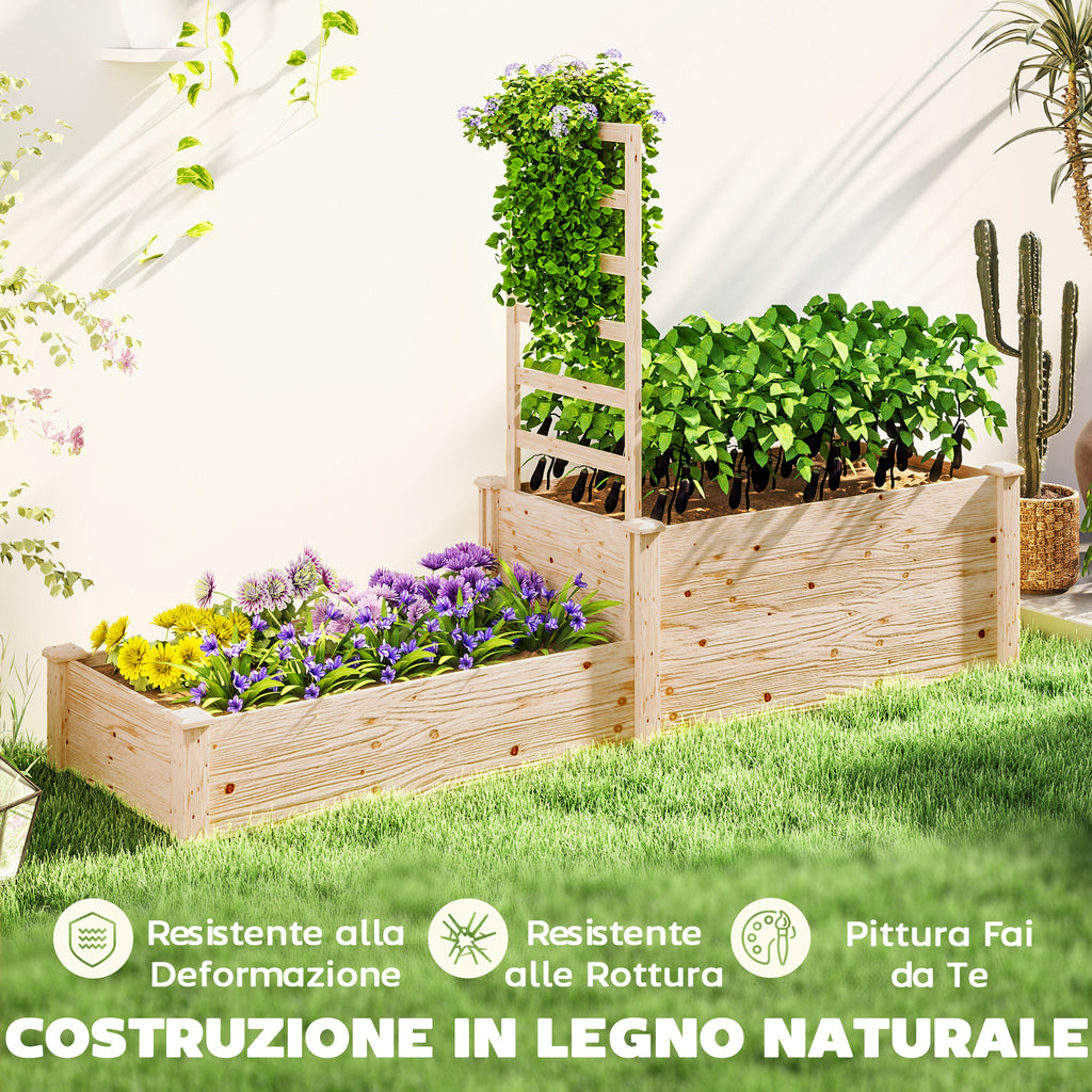 Raised Planter with Trellis for Climbing Plants and Divider, in Fir Wood, 222x63x132 cm, Wood Color