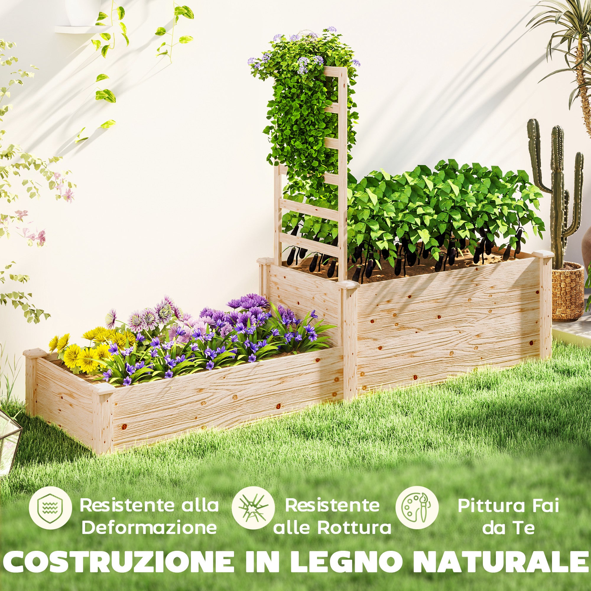 Raised Planter with Trellis for Climbing Plants and Divider, in Fir Wood, 222x63x132 cm, Wood Color