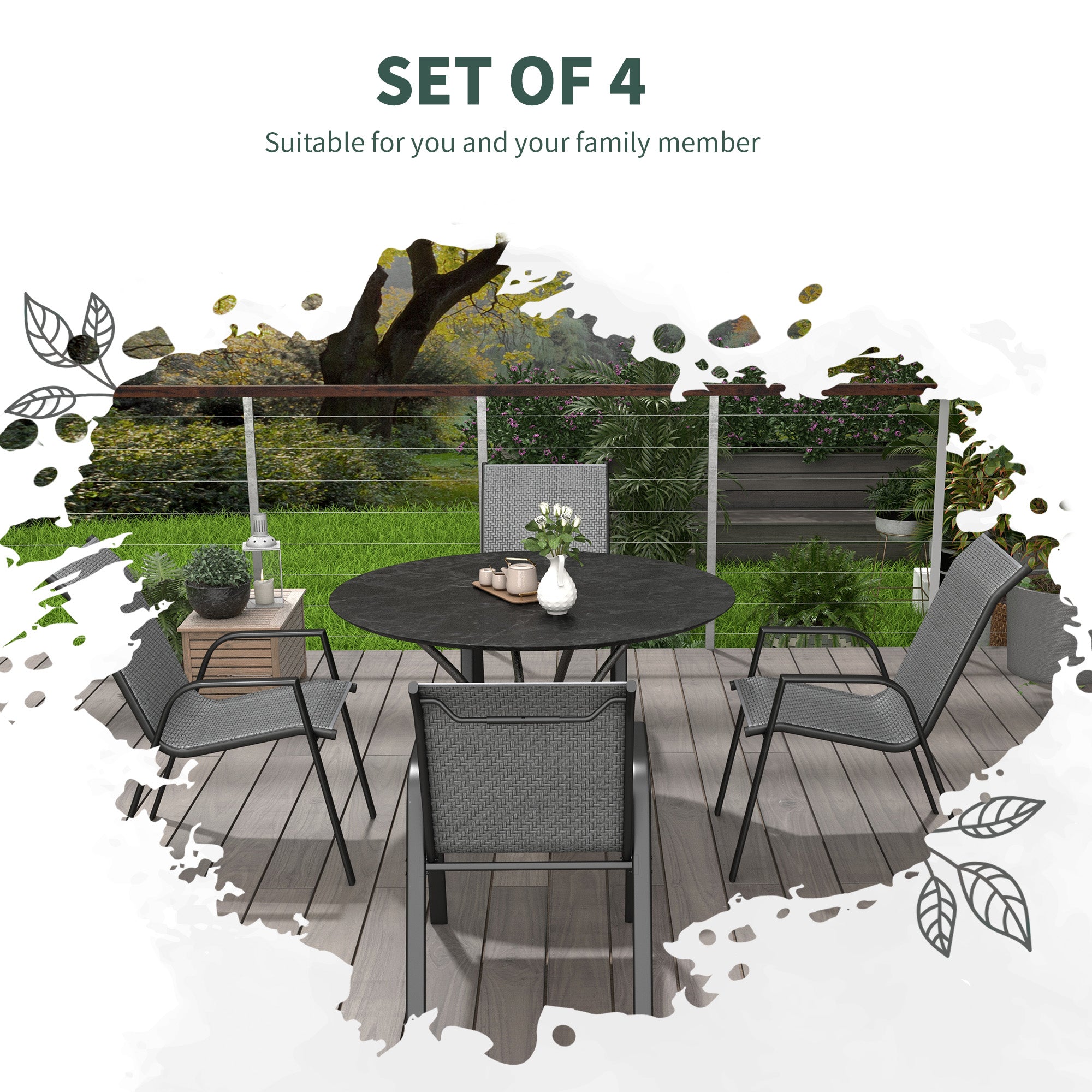 Outsunny set 4 Garden chairs stackable with armrests in Rattan pe and steel, gray - Borgè