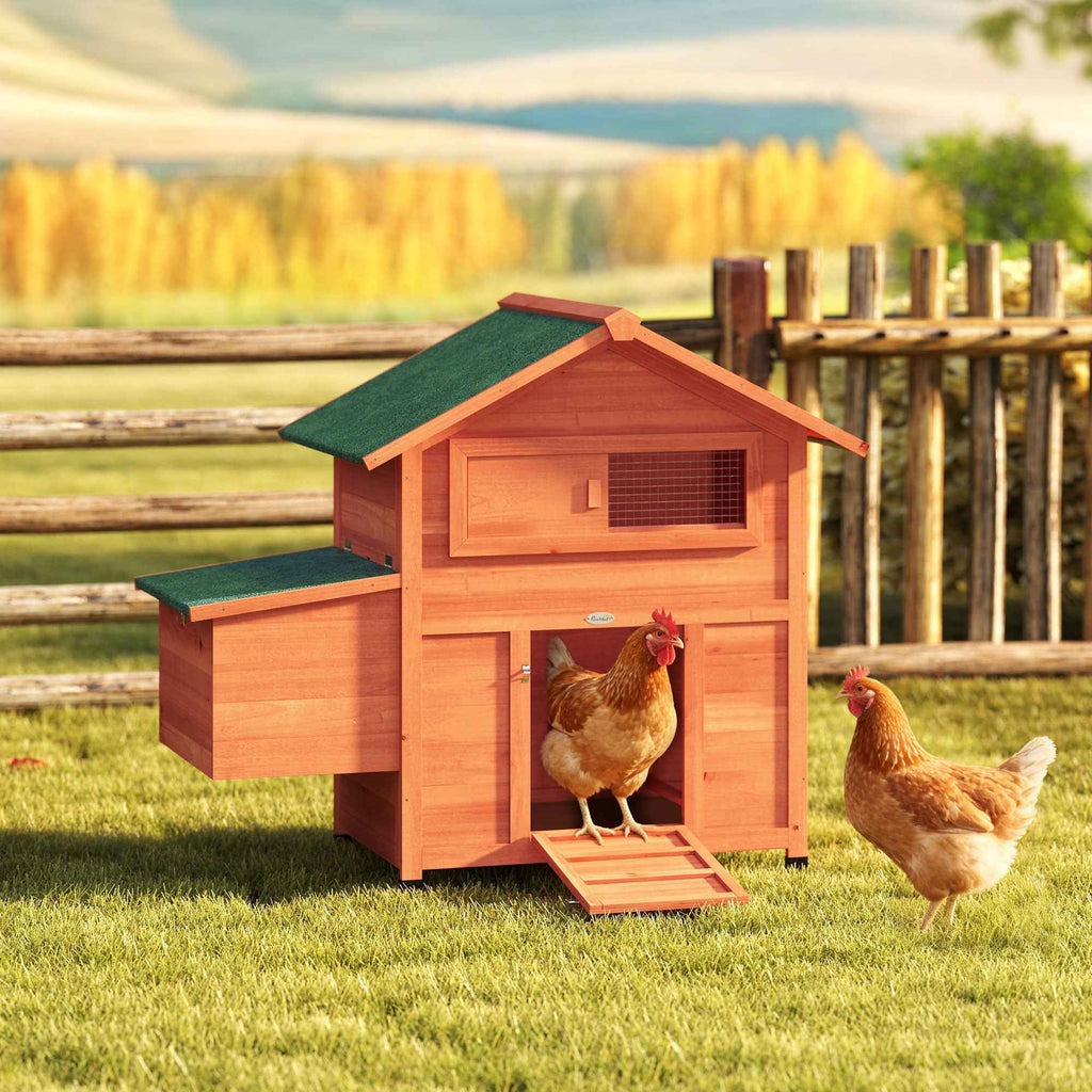 PawHut Wooden Chicken Coop with Nest, Waterproof Roof, Removable Tray, 2 Perches, Ramp, Window, for 2 Chickens, Ducks, Orange