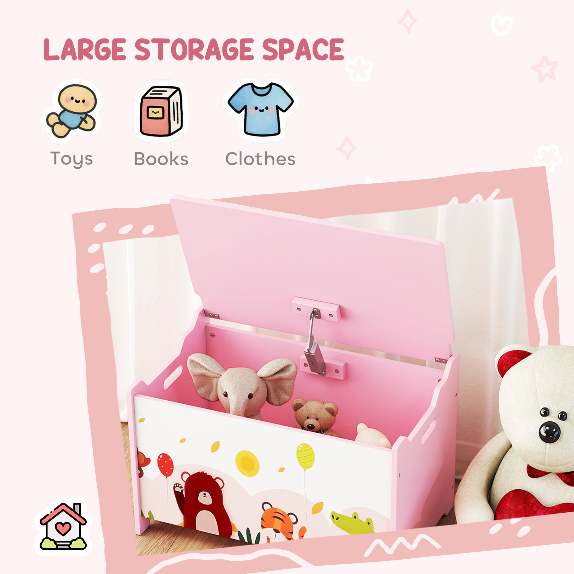 Children's Toy Storage Chest with Safety Hinges, Wooden Animal Design, 60x37x39 cm, Pink