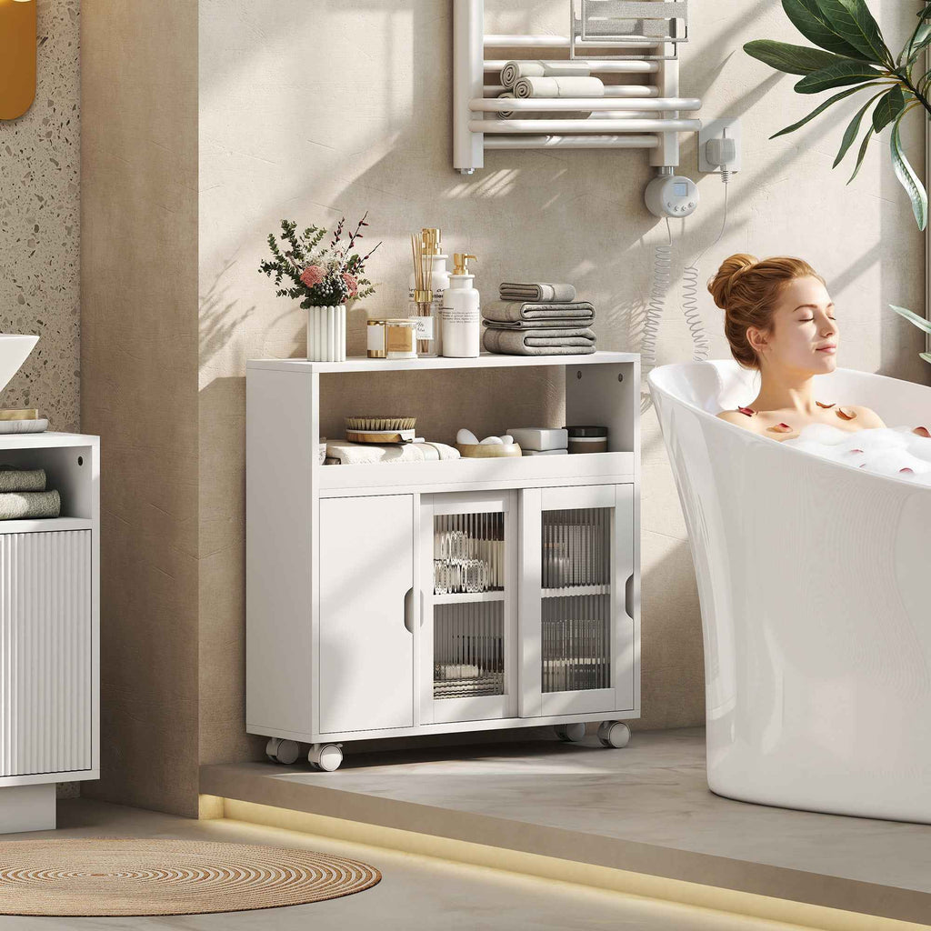 HOMCOM Wooden Bathroom Cabinet with Wheels, Open Space, Adjustable Shelves and Glass Doors, 71x20x70 cm, White