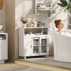 HOMCOM Wooden Bathroom Cabinet with Wheels, Open Space, Adjustable Shelves and Glass Doors, 71x20x70 cm, White