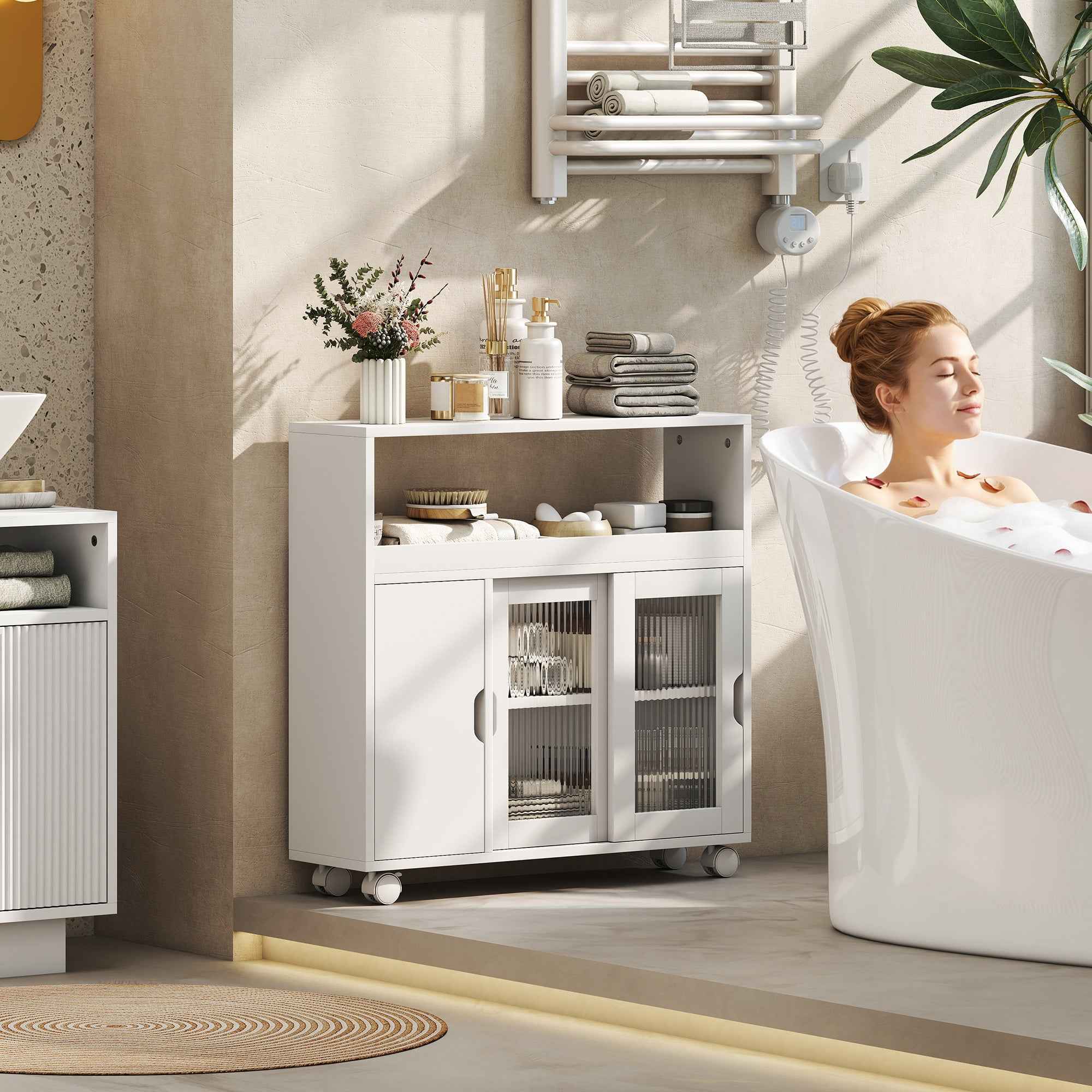 HOMCOM Wooden Bathroom Cabinet with Wheels, Open Space, Adjustable Shelves and Glass Doors, 71x20x70 cm, White