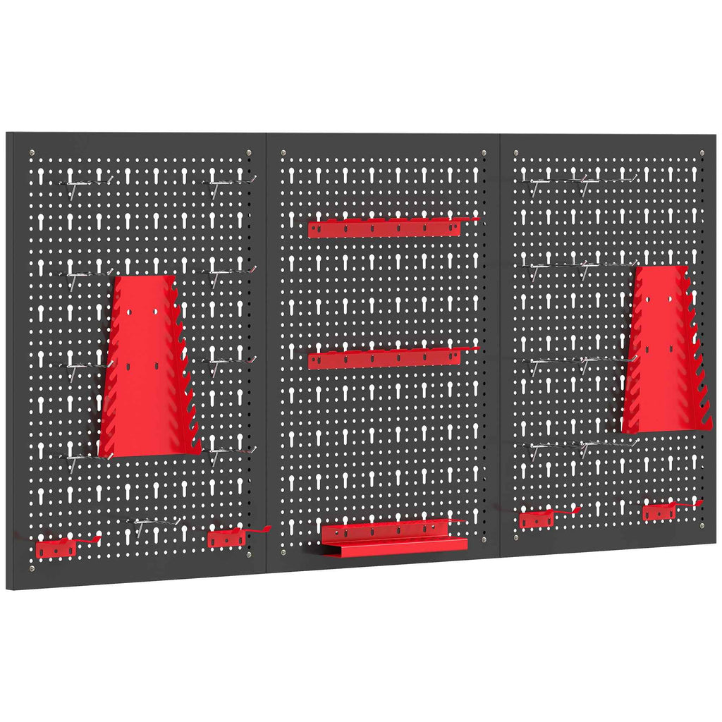 HOMCOM Set of 3 Steel Wall Mounted Tool Racks with 9 Brackets and 16 Hooks, Black and Red