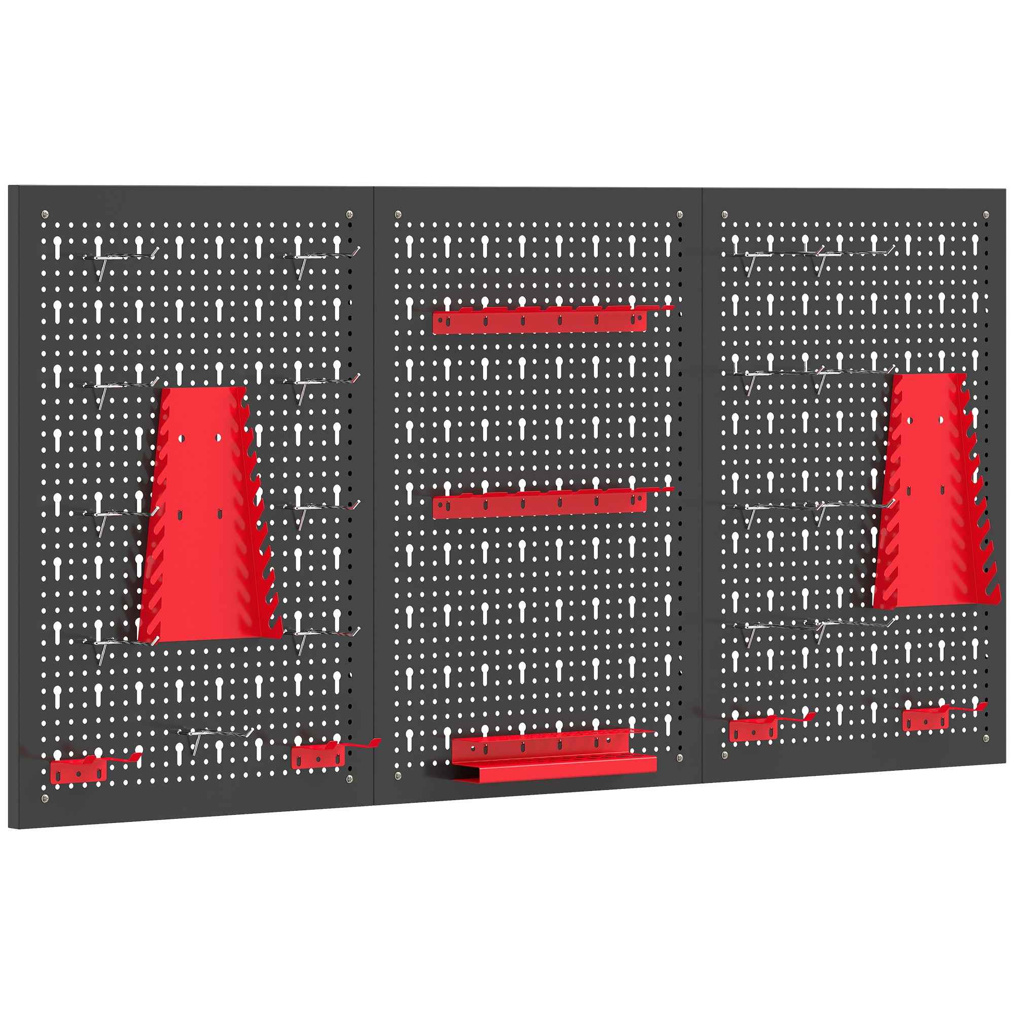 HOMCOM Set of 3 Steel Wall Mounted Tool Racks with 9 Brackets and 16 Hooks, Black and Red