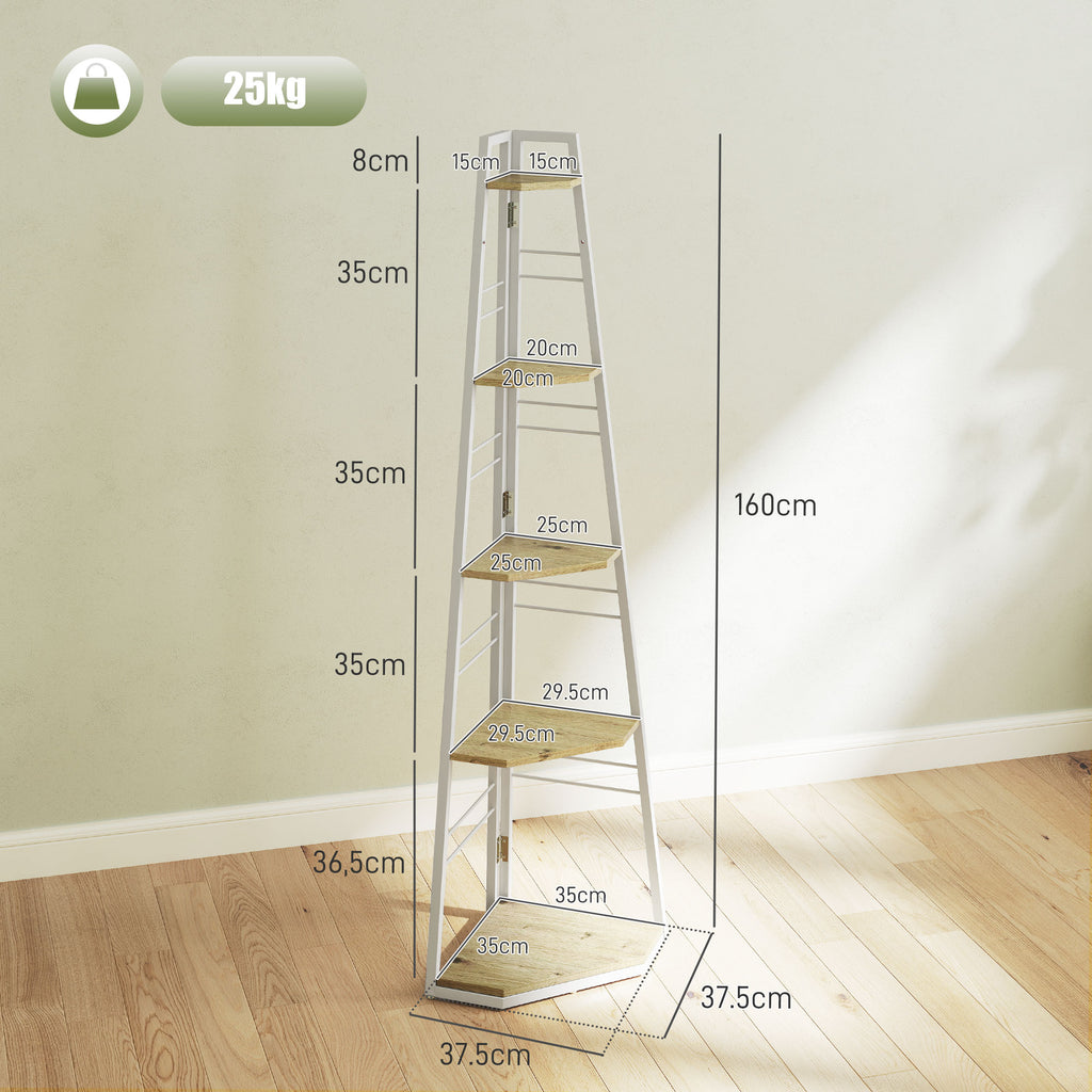 5-Tier Corner Bookcase with Folding Frame and Adjustable Feet, Wood Color