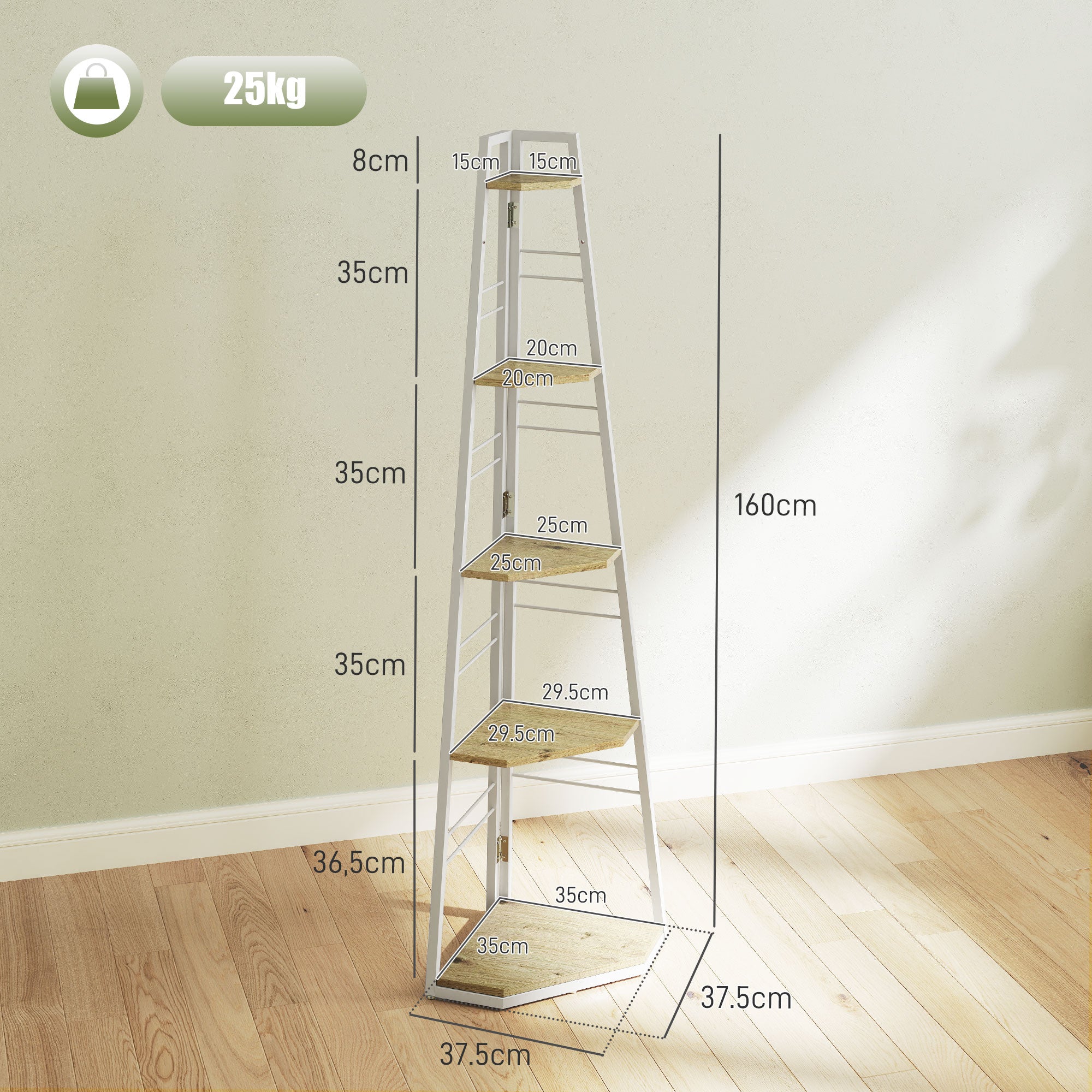 5-Tier Corner Bookcase with Folding Frame and Adjustable Feet, Wood Color