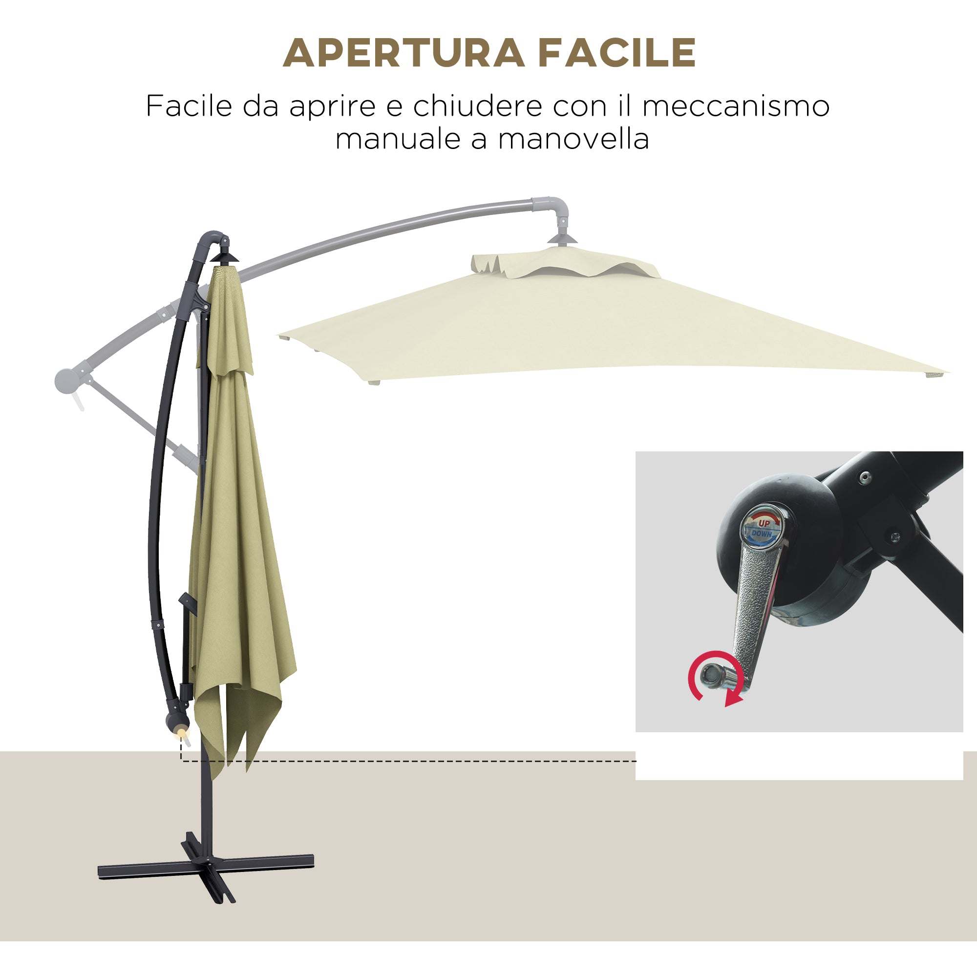 Decentralized Garden Umbrella with Cross Base and Crank Opening, 294x193cm, Beige