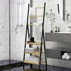 Folding Towel Rack with 3 Bars and 3 Shelves, in Bamboo and Steel, 53x31x153 cm, Black and Wood Color