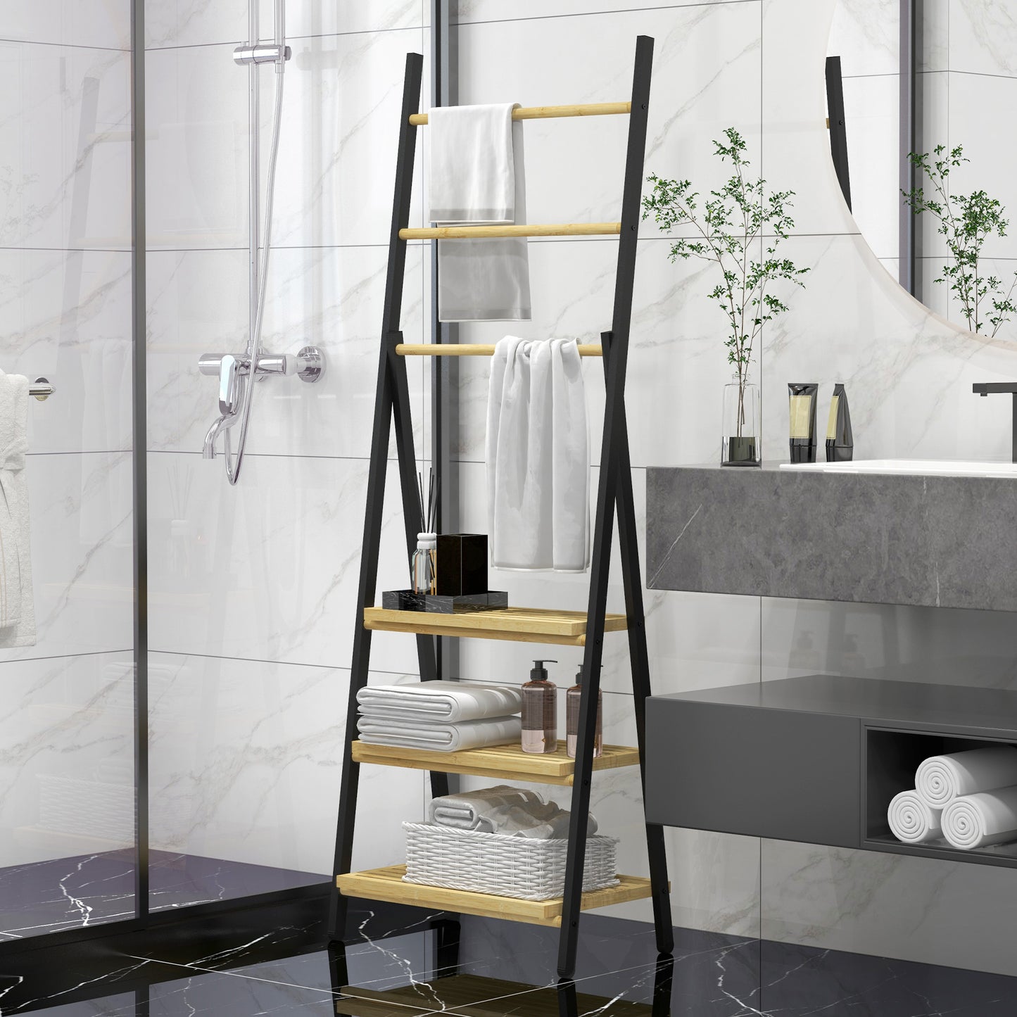 Folding Towel Rack with 3 Bars and 3 Shelves, in Bamboo and Steel, 53x31x153 cm, Black and Wood Color