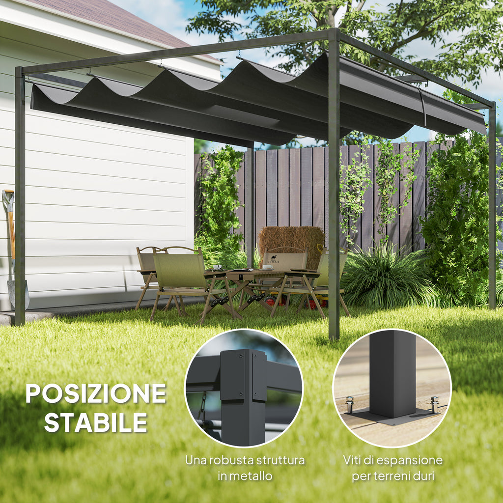 Outsunny Pergola Gazebo Outdoor 3x2.1 m with Retractable Metal and Polyester Canopy, Black