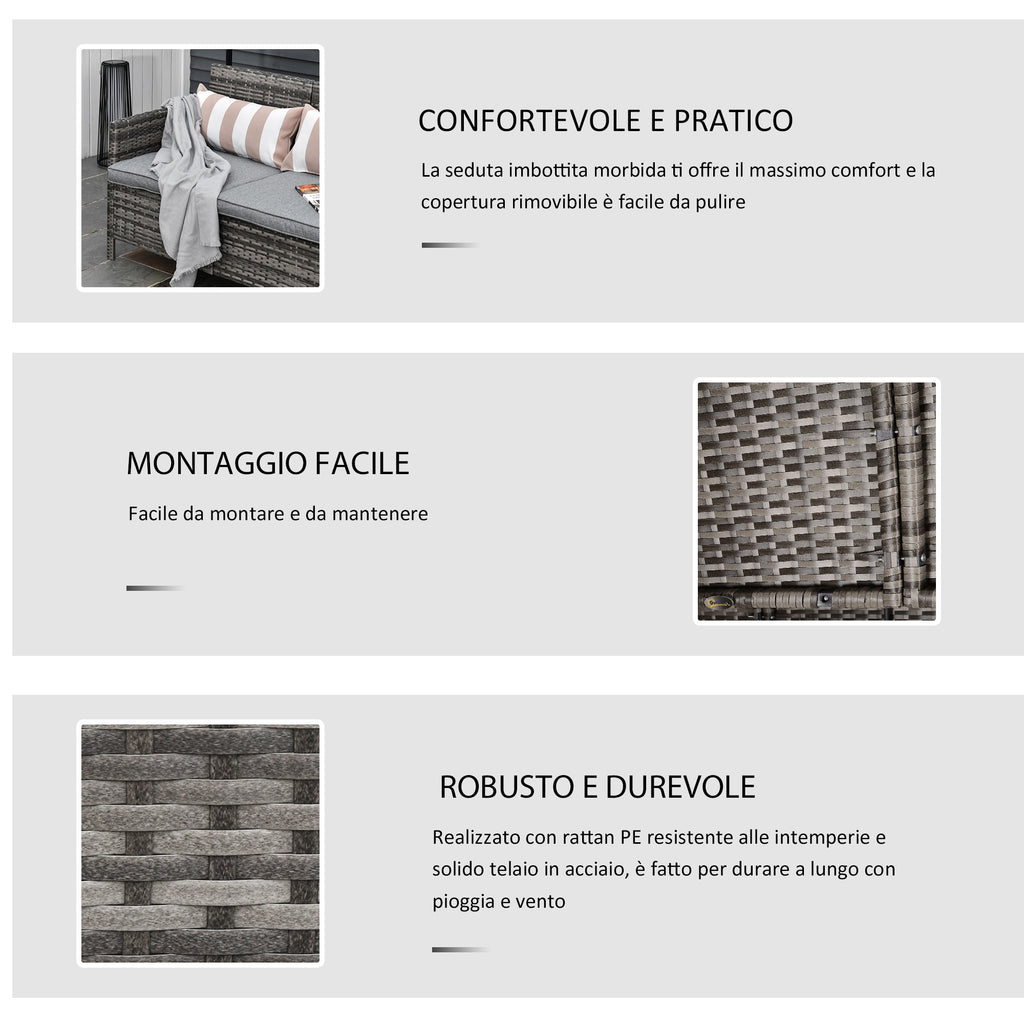 Outsunny 3 sofa outdoor sofa in rattan (PE) with padded and removable cushions, garden/terrace, 173x68x78cm - Borgè