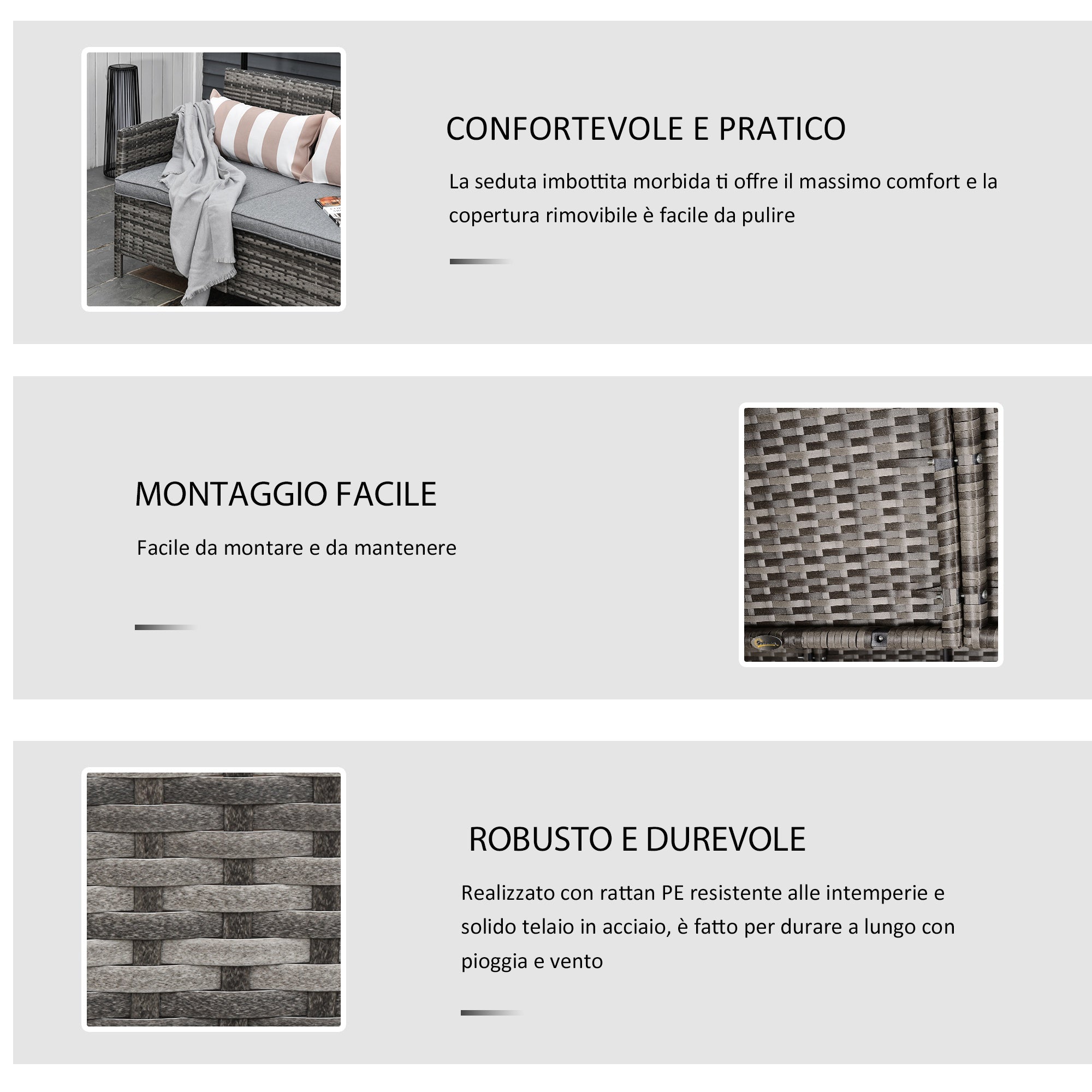 Outsunny 3 sofa outdoor sofa in rattan (PE) with padded and removable cushions, garden/terrace, 173x68x78cm - Borgè