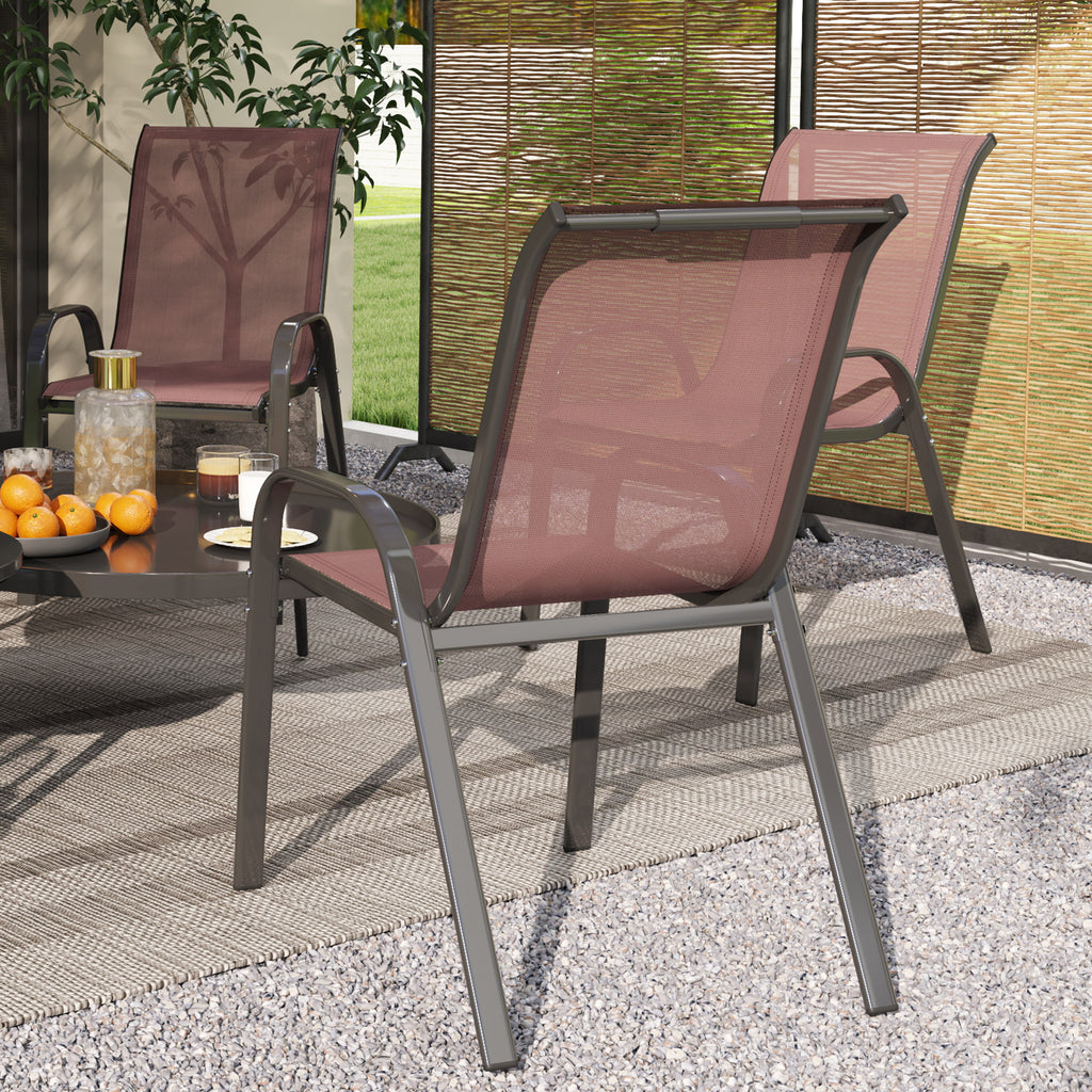Set of 4 Stackable Garden Chairs with Curved Armrests, Steel and Breathable Fabric, 54x71x93 cm, Brown