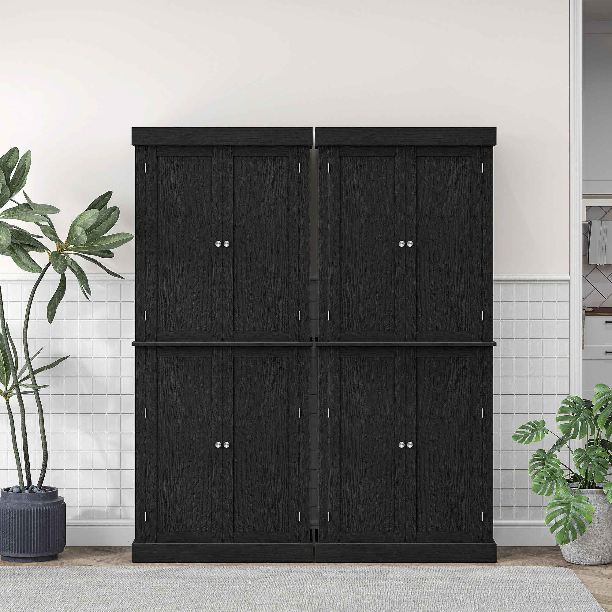 HOMCOM Tall Kitchen Cabinet with 6 Adjustable Shelves and 4 Wooden Doors, 76x40.5x184 cm, Black