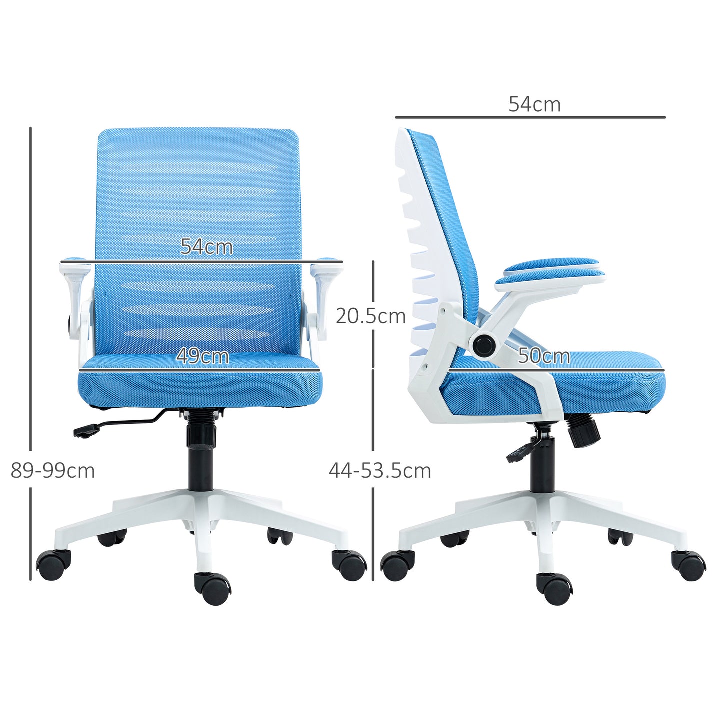 Vinsetto Ergonomic Height-Adjustable Swivel Chair with Armrests, 54x54x89-99 cm, White and Light Blue - Borgè