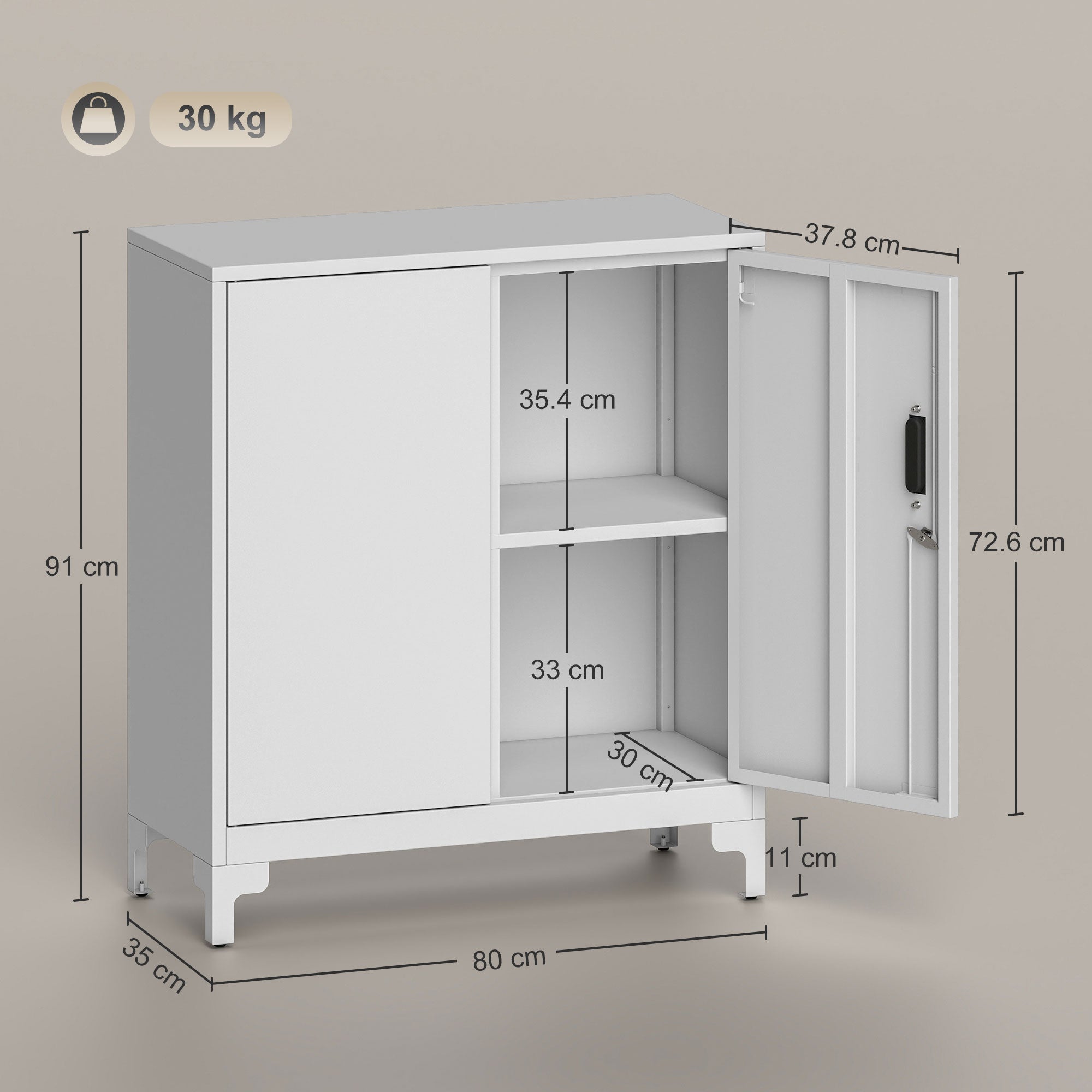 Office Cabinet with 3 Shelves, 2 Doors and Keys, 80x35x91 cm, White