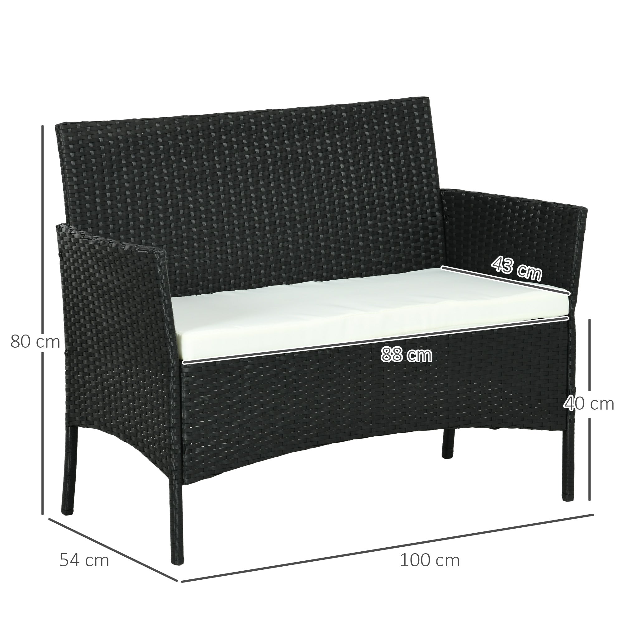 Comfortable 2-Seater Garden Sofa: PE Rattan, Steel, Cushioned, Armrests - Black - Borgè