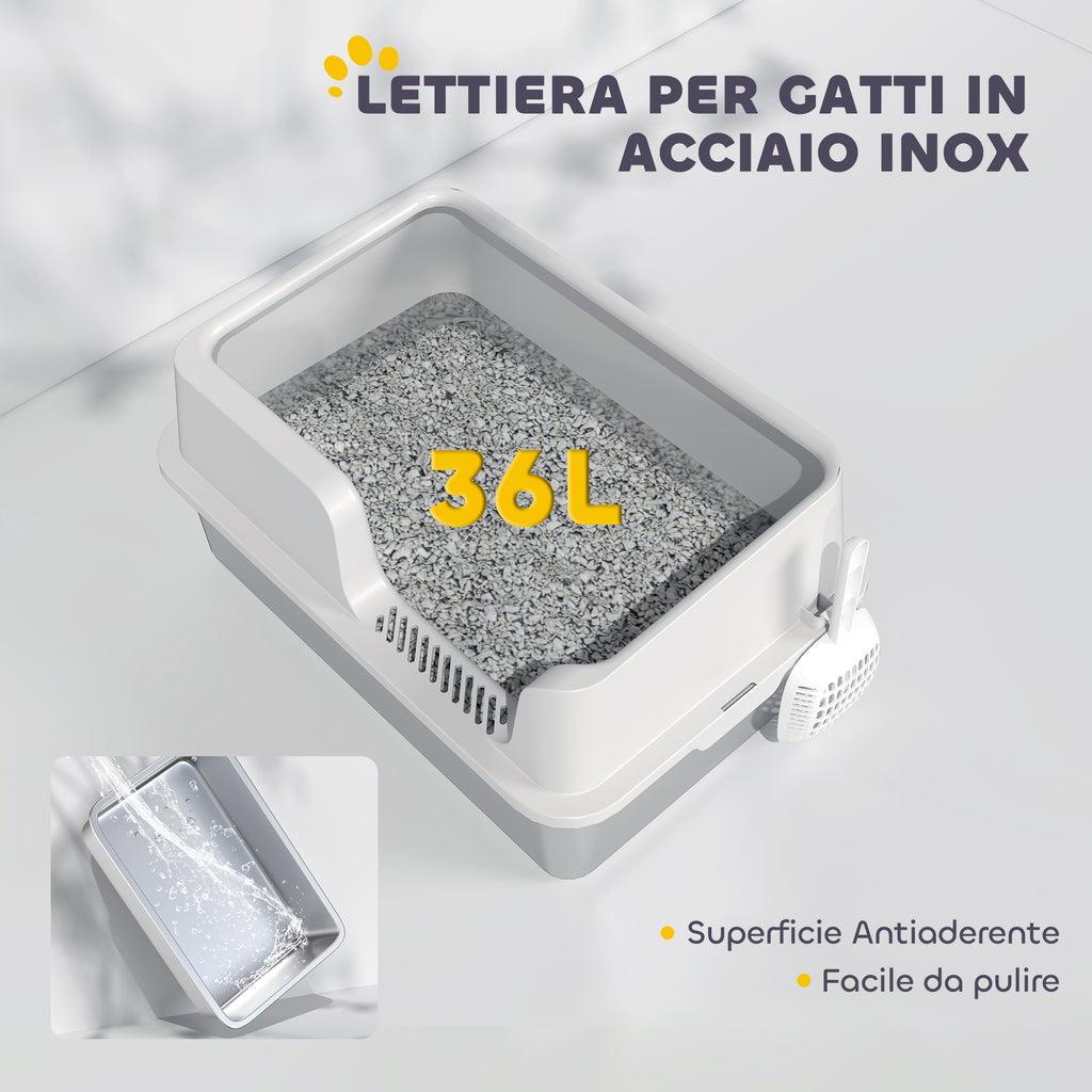 Cat Litter Box with Raised Edges, Tray and Scoop, Stainless Steel and PP, 60x40x28 cm, Light Grey