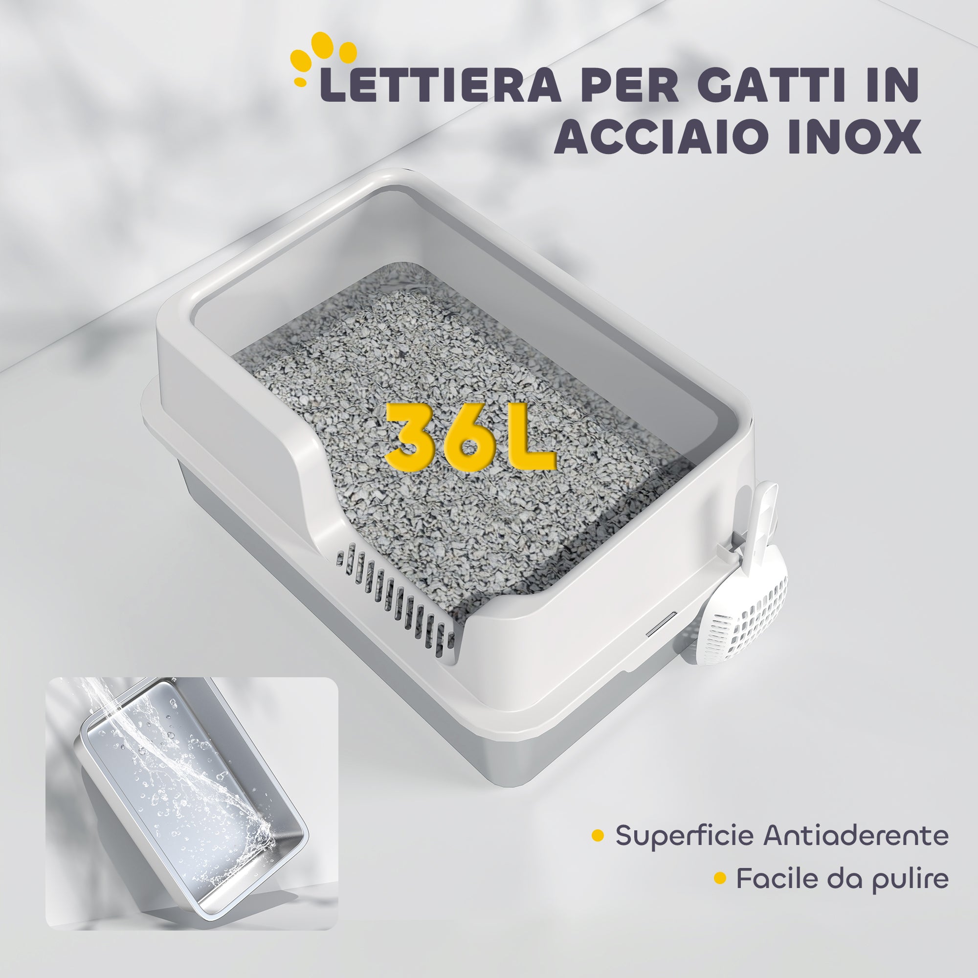 Cat Litter Box with Raised Edges, Tray and Scoop, Stainless Steel and PP, 60x40x28 cm, Light Grey