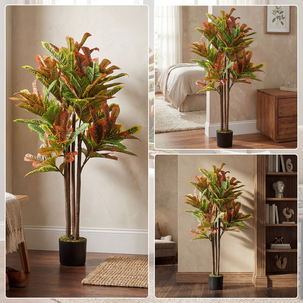 HOMCOM Artificial Croton Plant in Multi-Color, PEVA and Wood, with a PP and Cement Pot, 55x55x120 cm