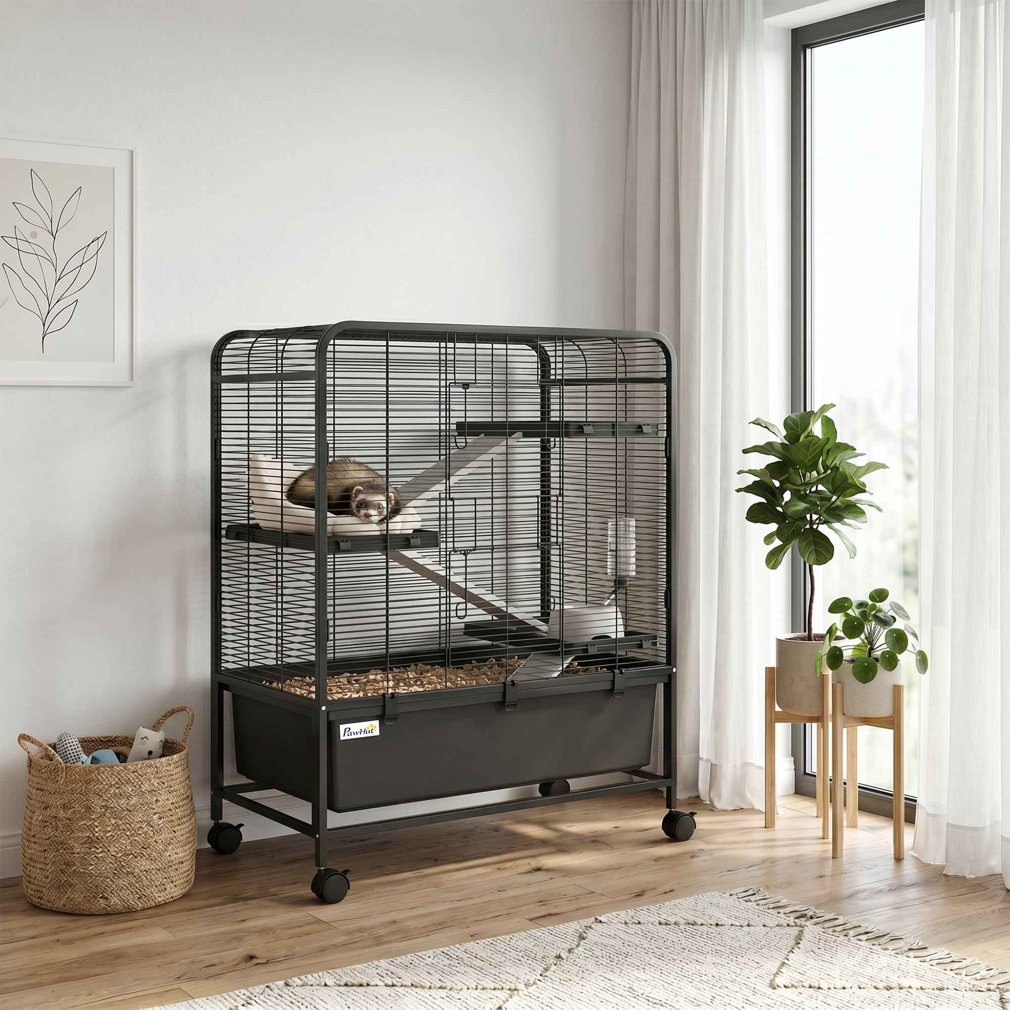 PawHut 4-Tier Steel Rabbit Cage with Platforms, Ramps, Wheels, Water Tank and Removable Tray, Black