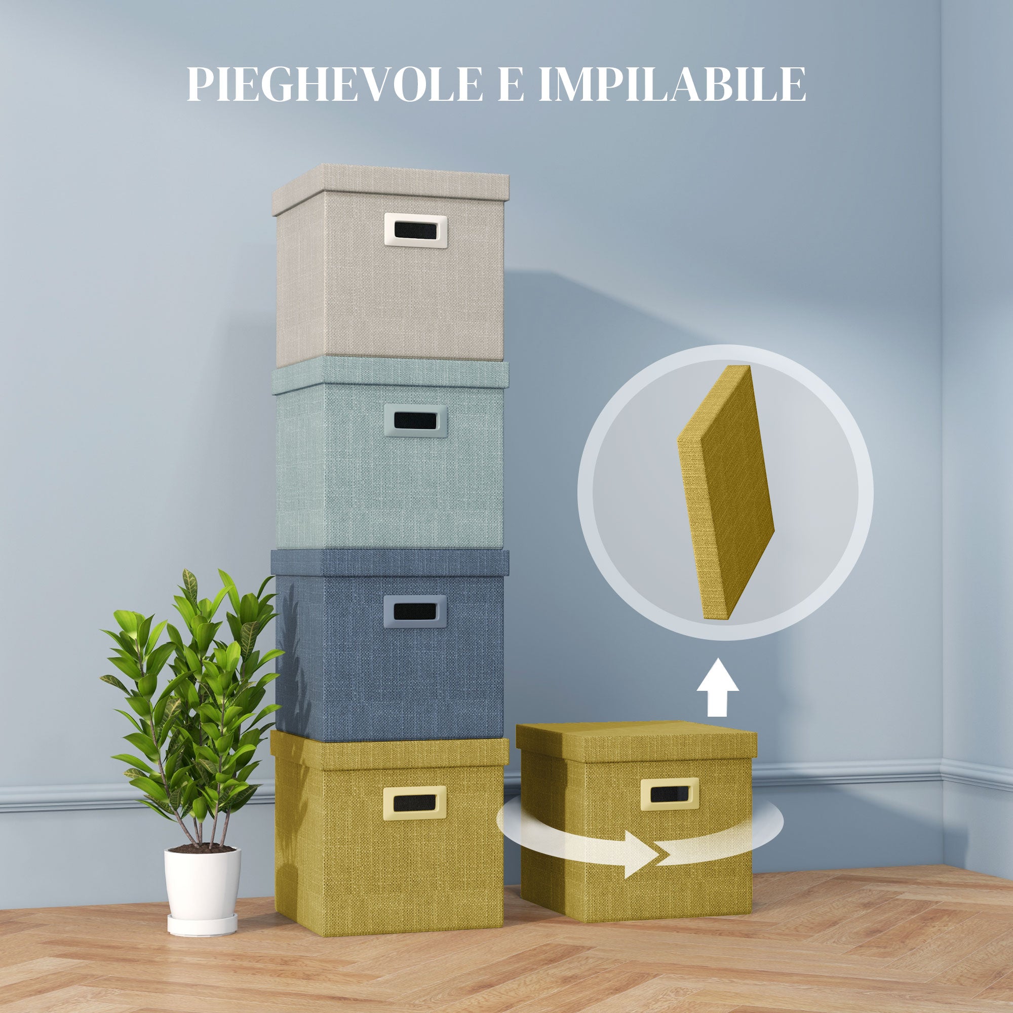 Set of 4 Fabric Closet Storage Boxes with Lids and Foldable 30x30x29cm, Blue, Cream, Green and Light Grey