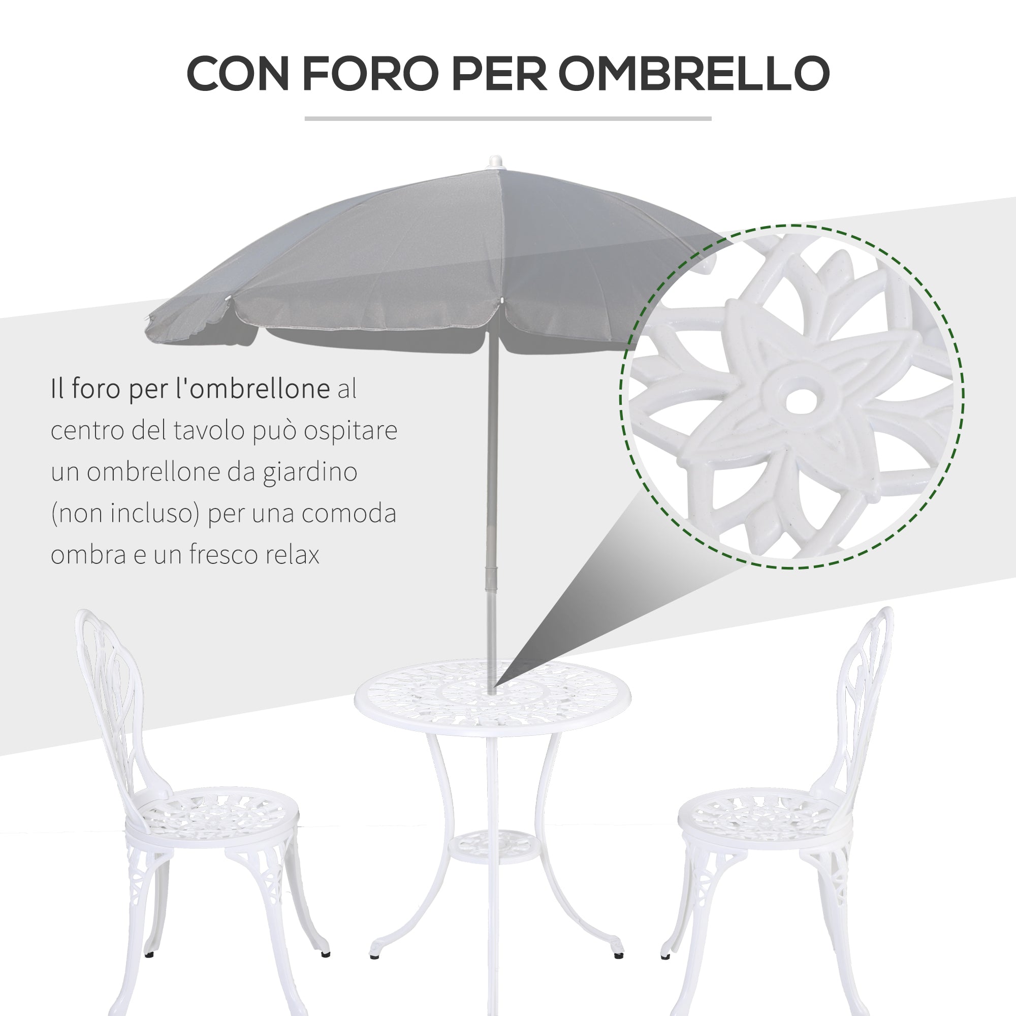 3-Piece Garden Set in Aluminum with 2 Chairs 42.5x47.5x89 cm and Round Table Ø60x67 cm, White - Borgè