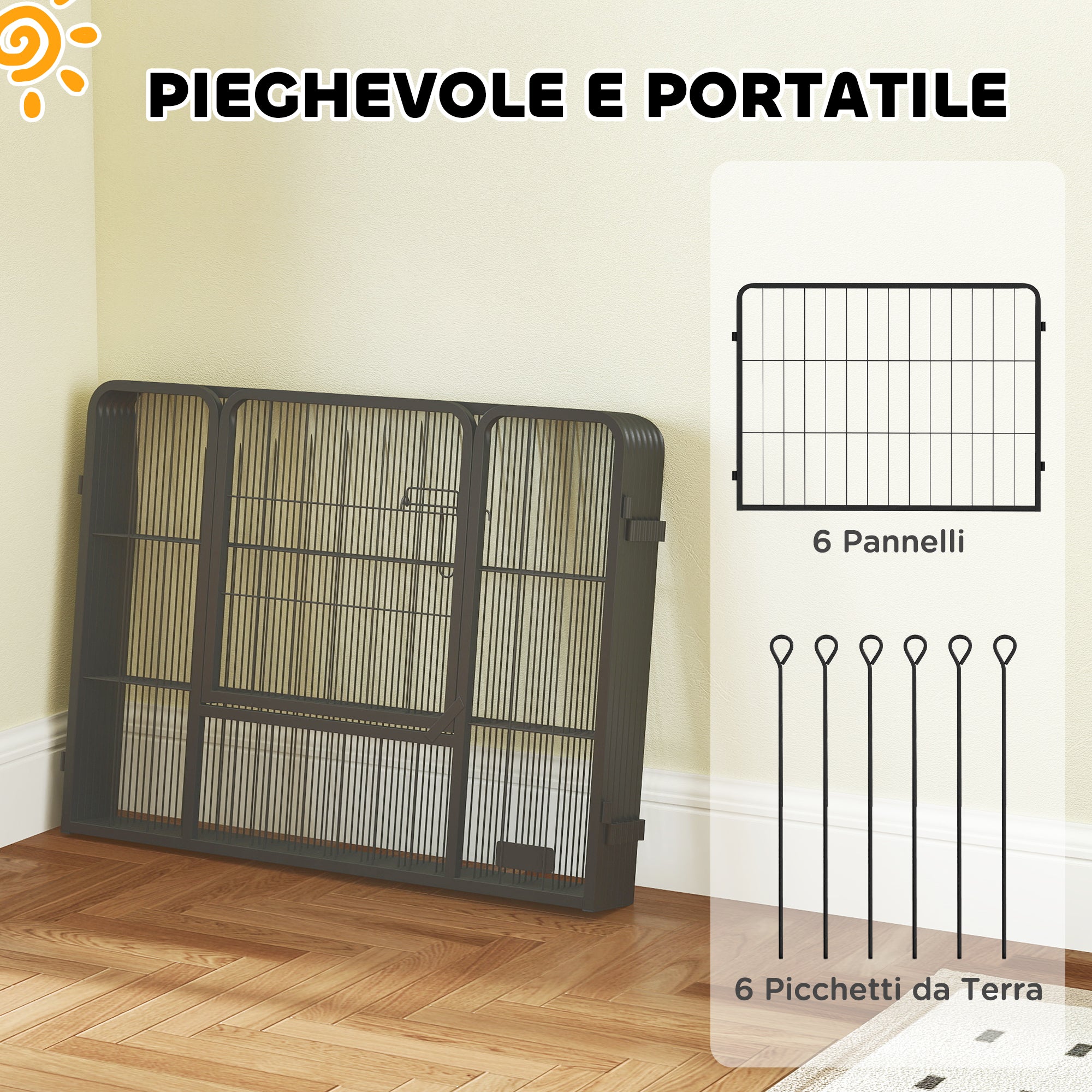 Dog Fence with 6 Modular Panels 80x1.5x60 cm in Black Steel with Entrance Door