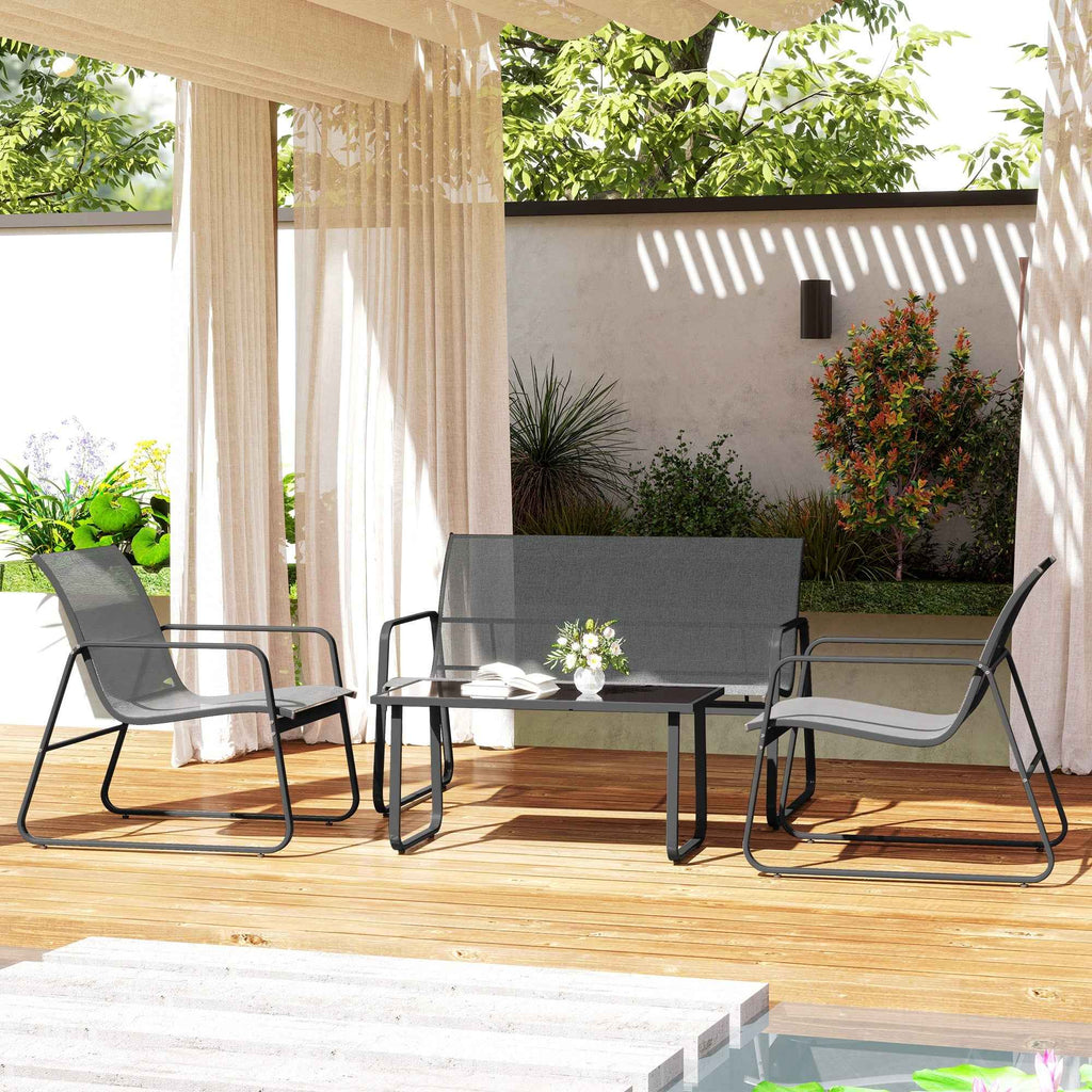 Outsunny 4-Piece Outdoor Set with Coffee Table, 2-Seater Bench and 2 Chairs, in Metal and Light Grey Texteline