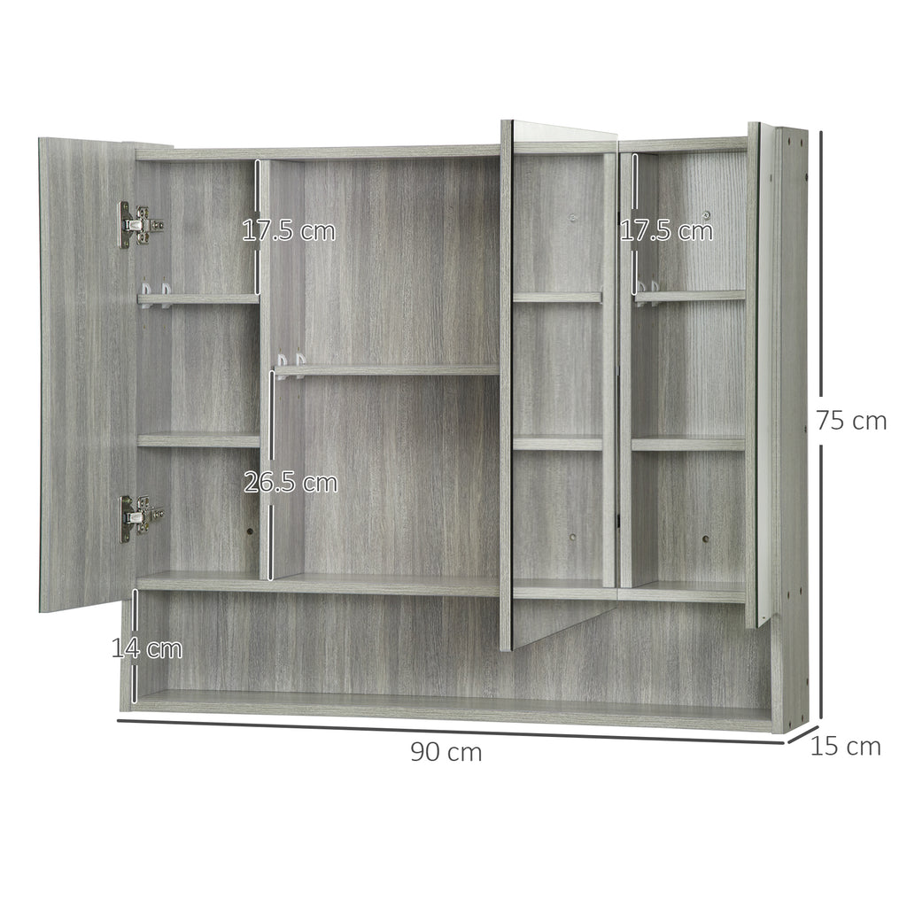 4 Section Mirror Cabinet with Adjustable Shelves, Wood and Glass, 90x15x75 cm, Grey