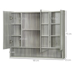 4 Section Mirror Cabinet with Adjustable Shelves, Wood and Glass, 90x15x75 cm, Grey
