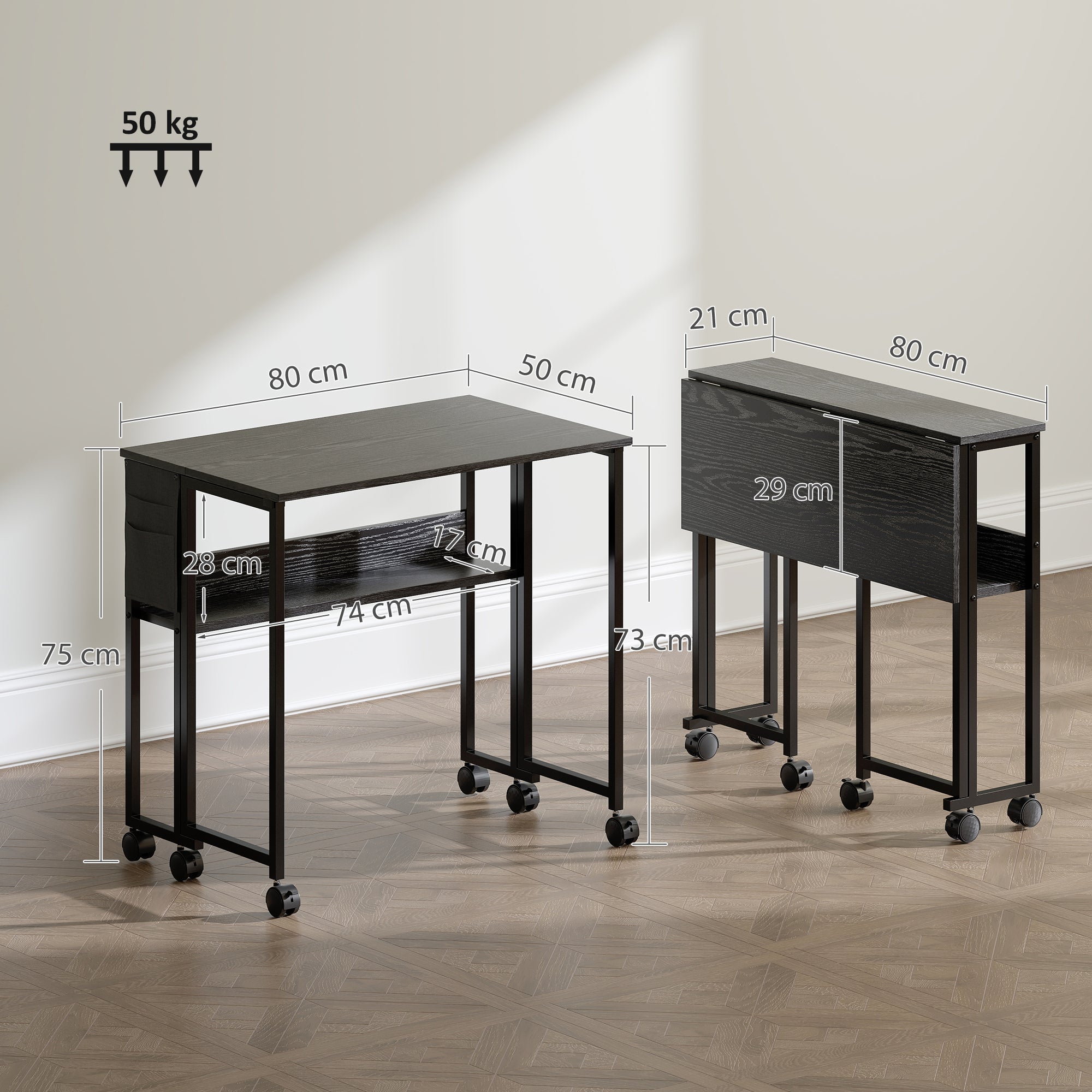 Space-Saving Folding Drop-Leaf Desk with Shelf, Storage Pocket and Wheels, Black