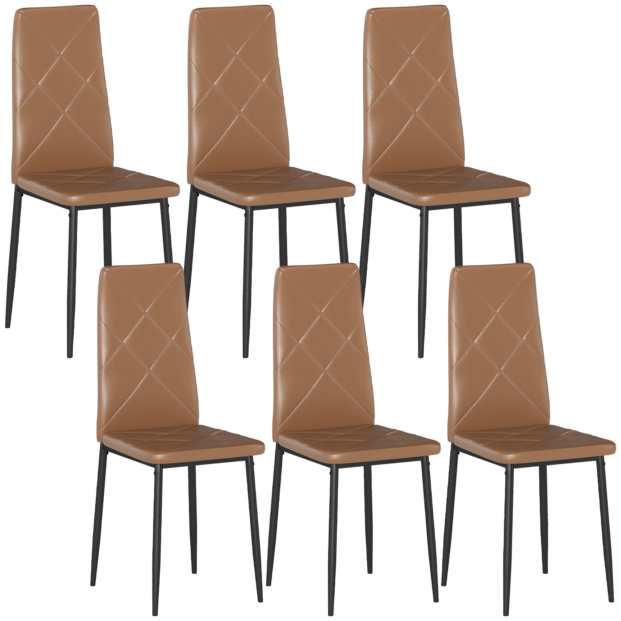 Set of 6 Modern High-Back Dining Chairs in Faux Leather and Steel, 41x50x97 cm, Brown