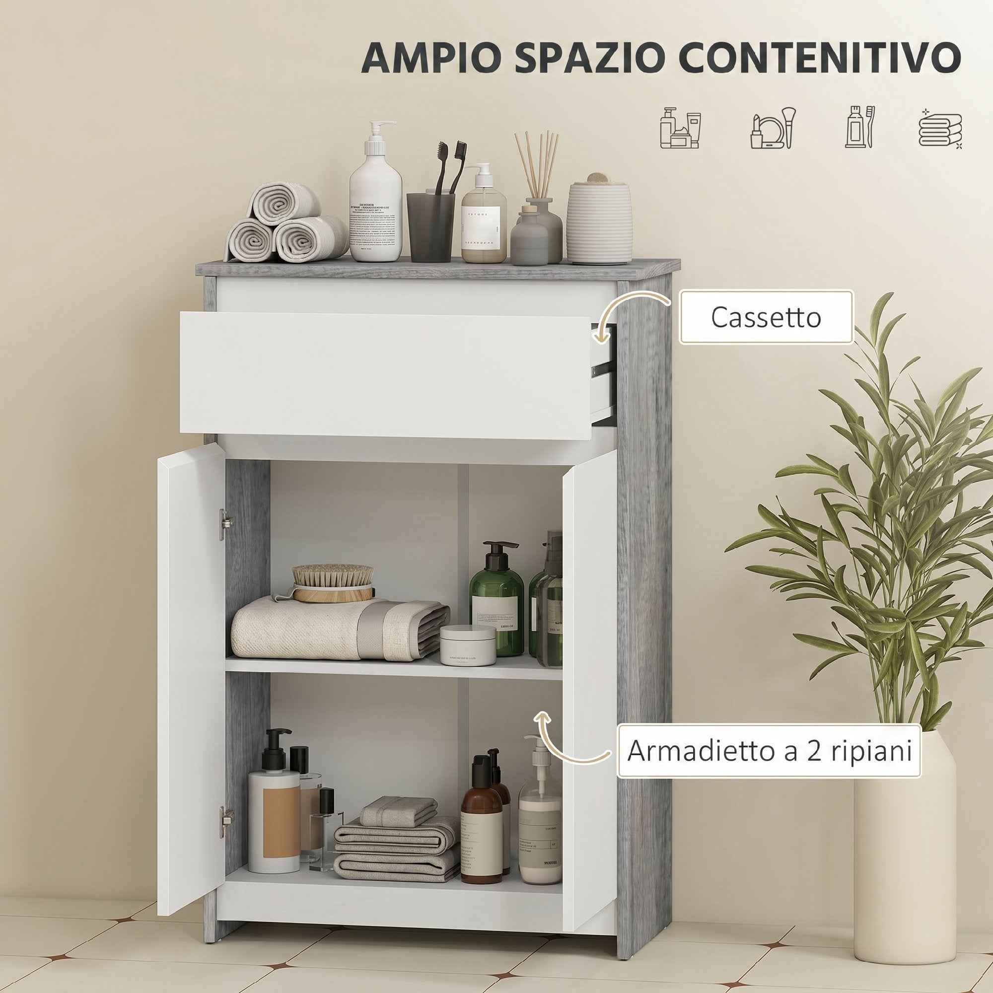 kleankin Freestanding Bathroom Cabinet with Drawer and Double Doors, Grey-White