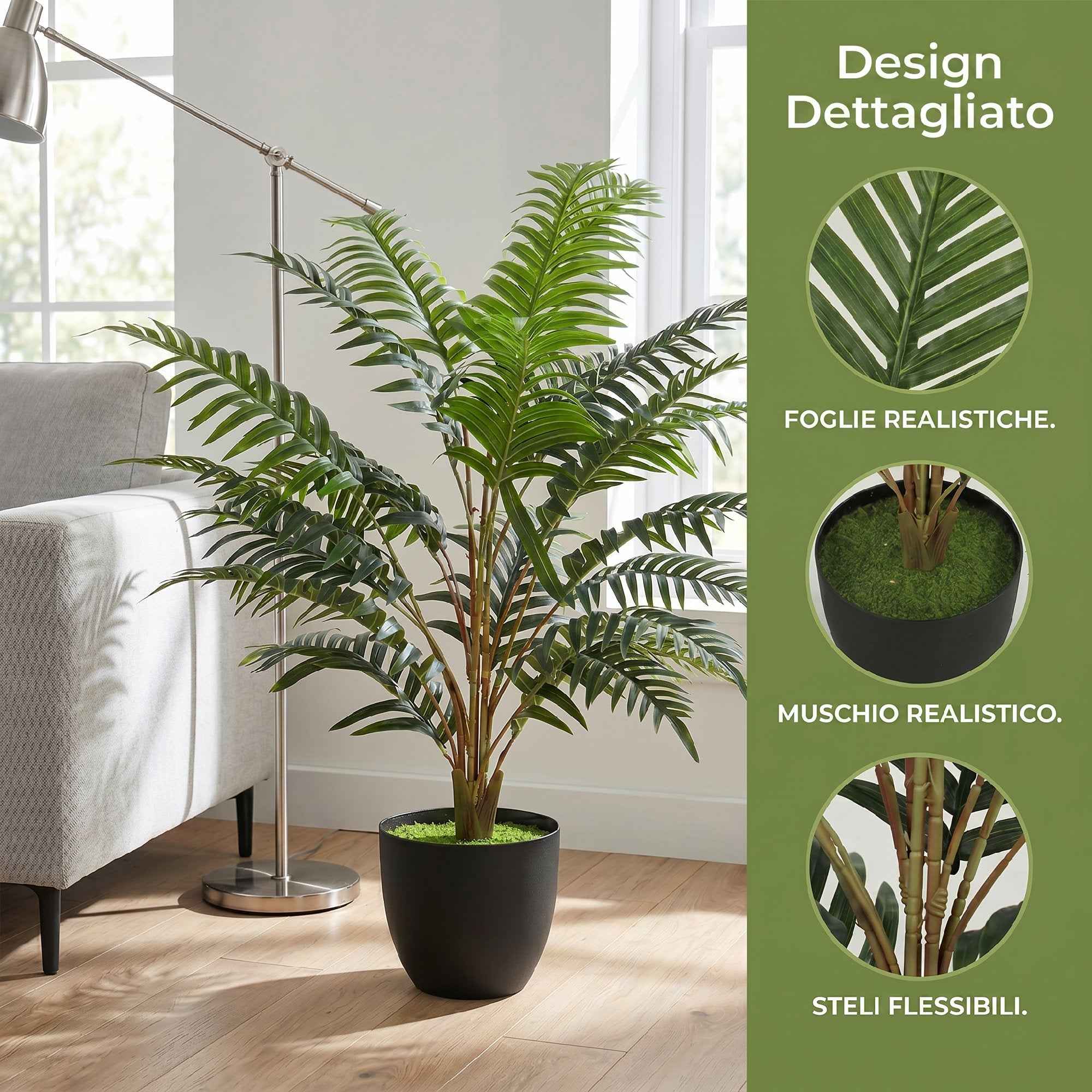 HOMCOM Artificial Fern Plant with 20 PEVA Leaves, Bendable Branches, Black PP and Cement Pot, Green