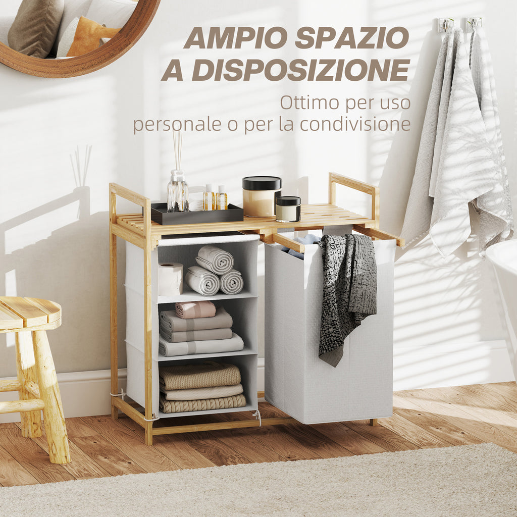 Laundry Basket with 2 Pull-Out Bags, Bamboo Handles and Shelf, 70x36x70 cm, White