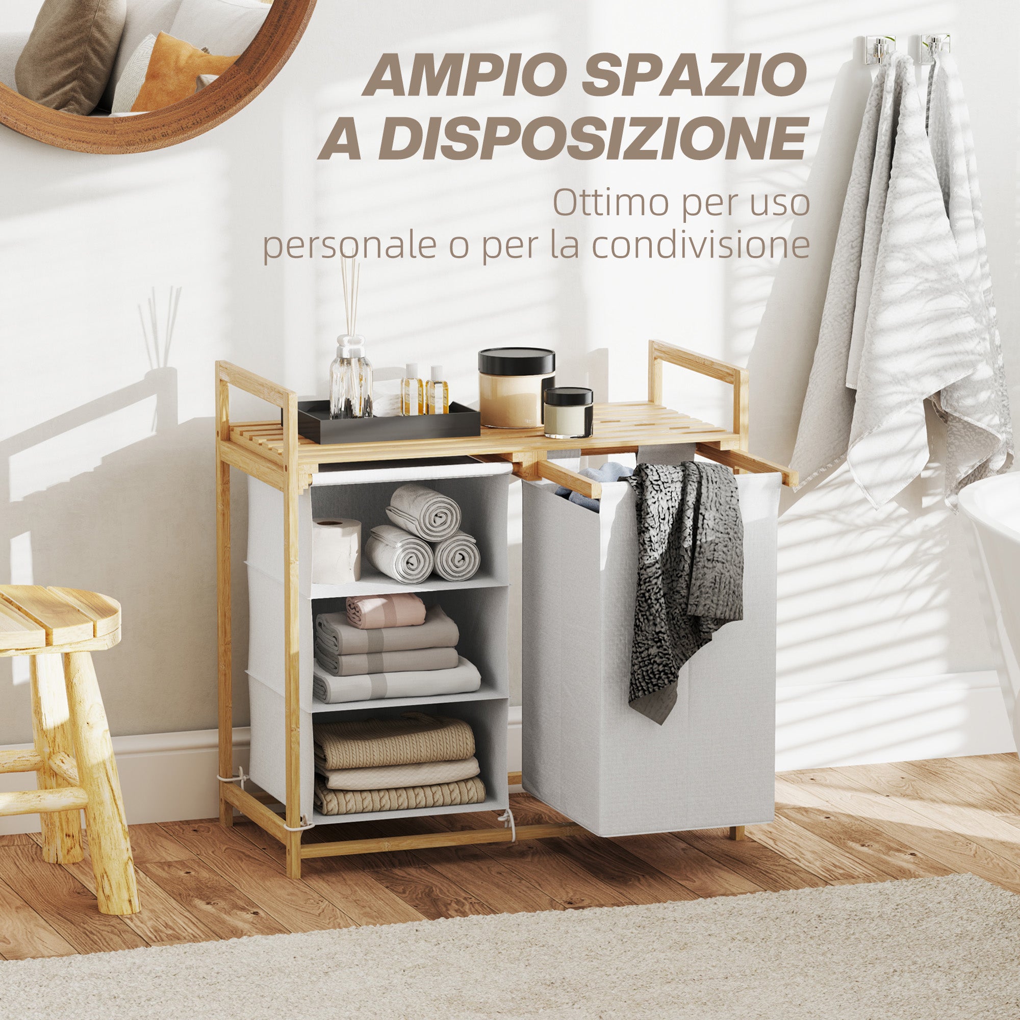 Laundry Basket with 2 Pull-Out Bags, Bamboo Handles and Shelf, 70x36x70 cm, White