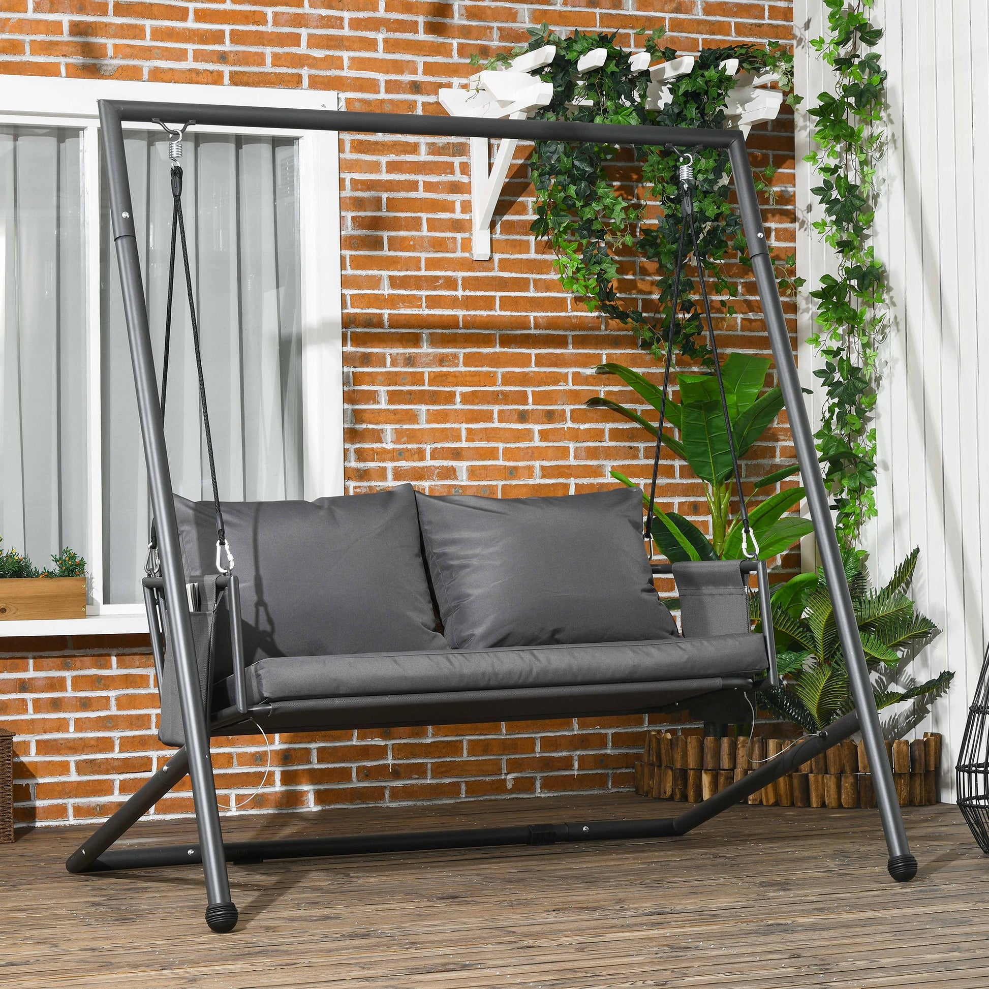 Outsunny 2-Seater Garden Swing with Cushions and Pockets, in Steel and Textilene, 168x117x181 cm, Dark Gray - Borgè